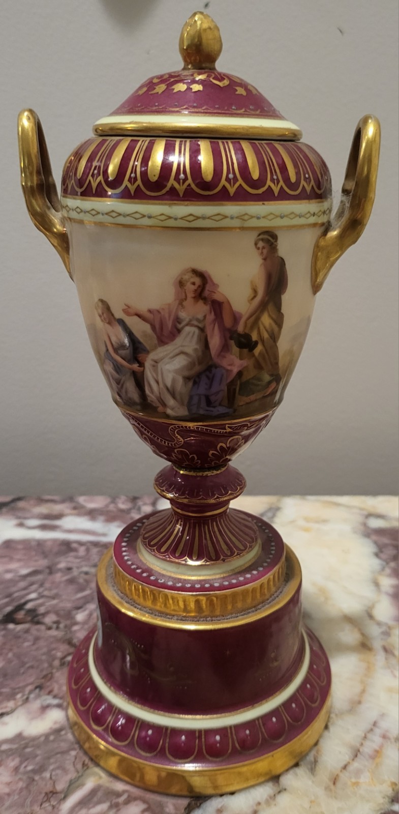 9" Royal Vienna Double Handled Gilt Hand-painted Porcelain Antique Urn 9" Royal Vienna Double Handled Gilt Hand-painted Porcelain Antique Urn
