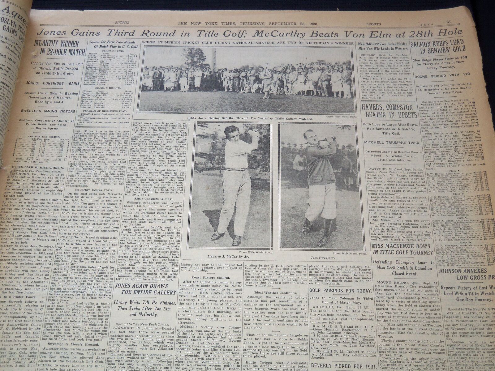 1930 SEPTEMBER 25 NEW YORK TIMES NEWSPAPER - JONES WINS TWICE AT GOLF - NT 9431