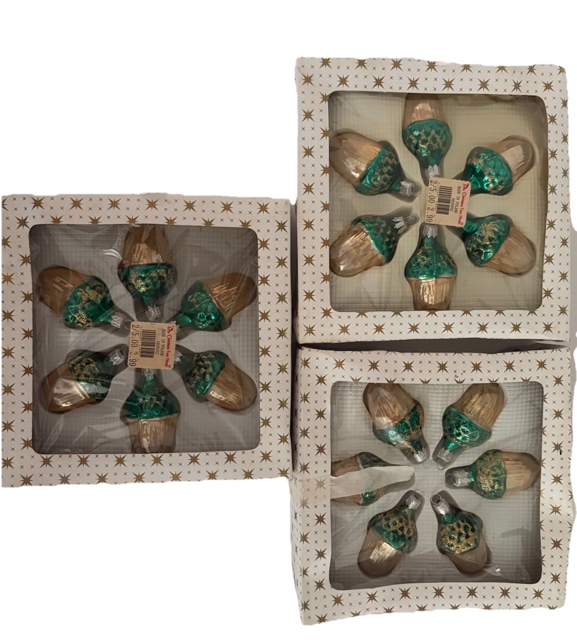 18 Vintage Acorn ChristmasOrnament Gold & Green Mercury Glass - Made In Poland