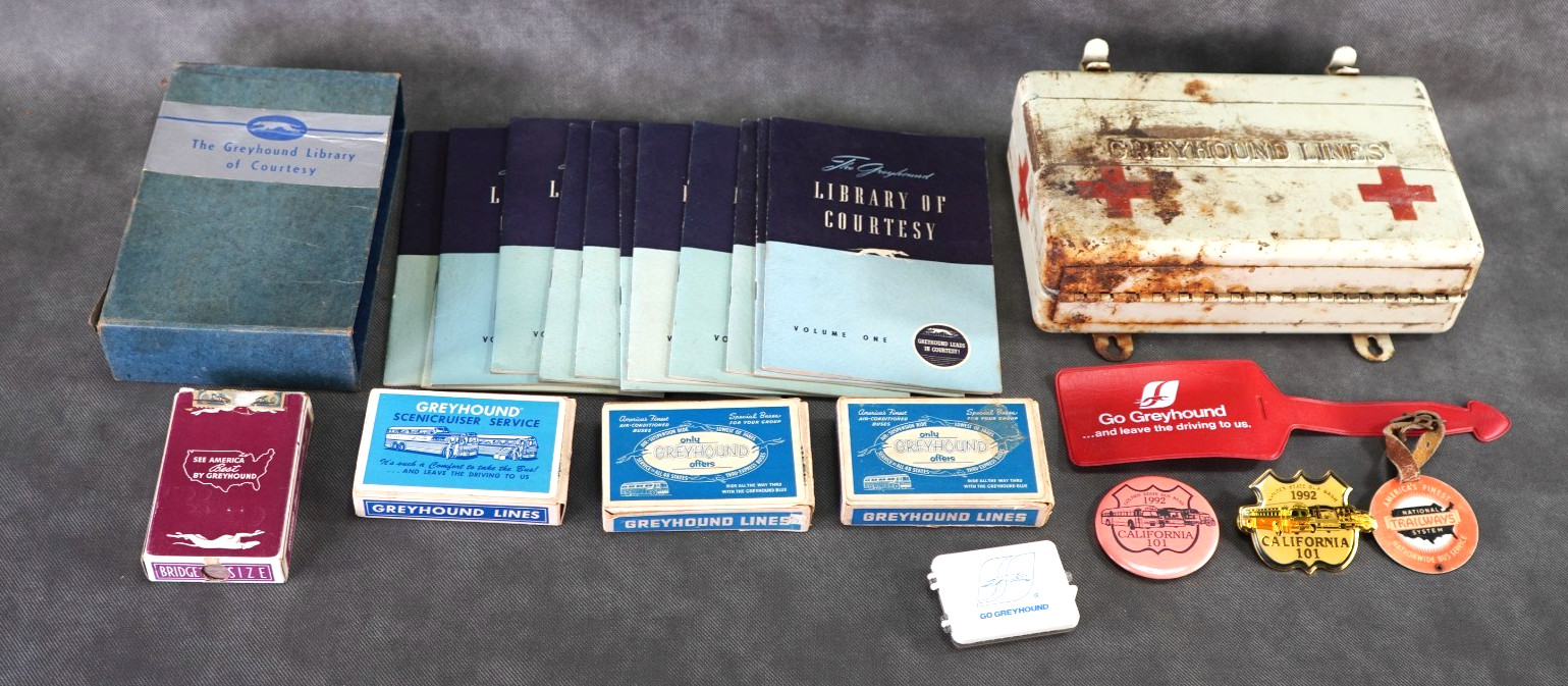Great Lot of Vintage Greyound Bus Lines Items First Aid Kit Cards Luggage Tags +