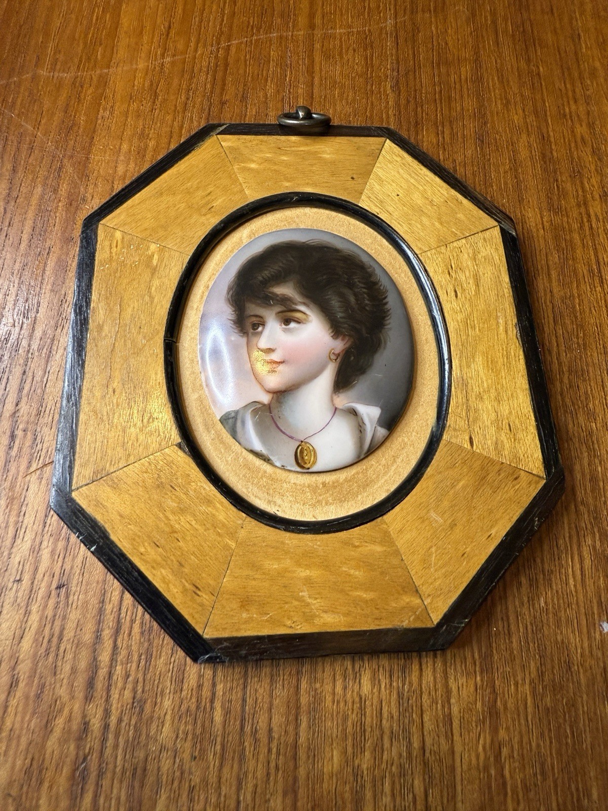Vtg. German Hand painted Porcelain Portrait With Gilt Octagon Frame. Wuppertal Vtg. German Hand painted Porcelain Portrait With Gilt Octagon Frame. Wuppertal