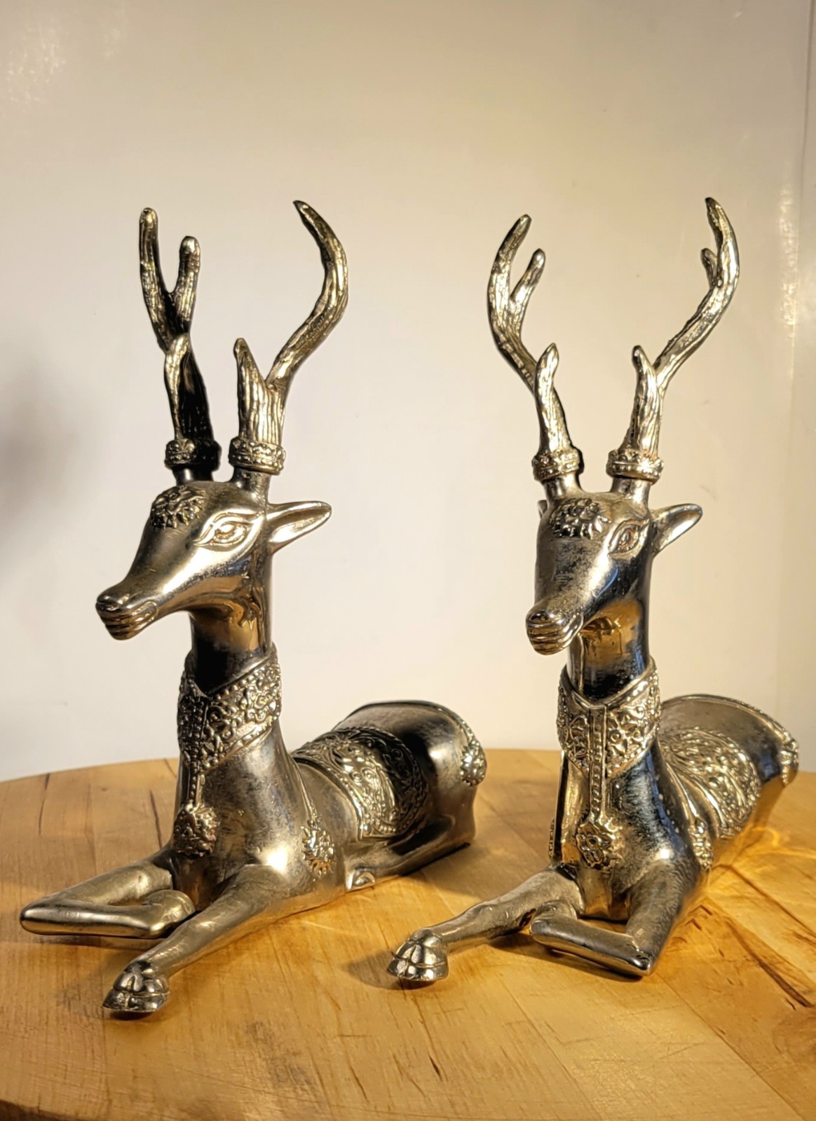 Vintage Mid Century Pair Thai Temple Deer Figurines Silver Plated Brass MCM 1970 Vintage Mid Century Pair Thai Temple Deer Figurines Silver Plated Brass MCM 1970