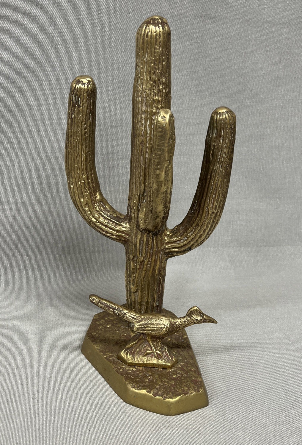 Vintage Brass 10" Saguaro Cactus with Roadrunner Figure, MCM Decor