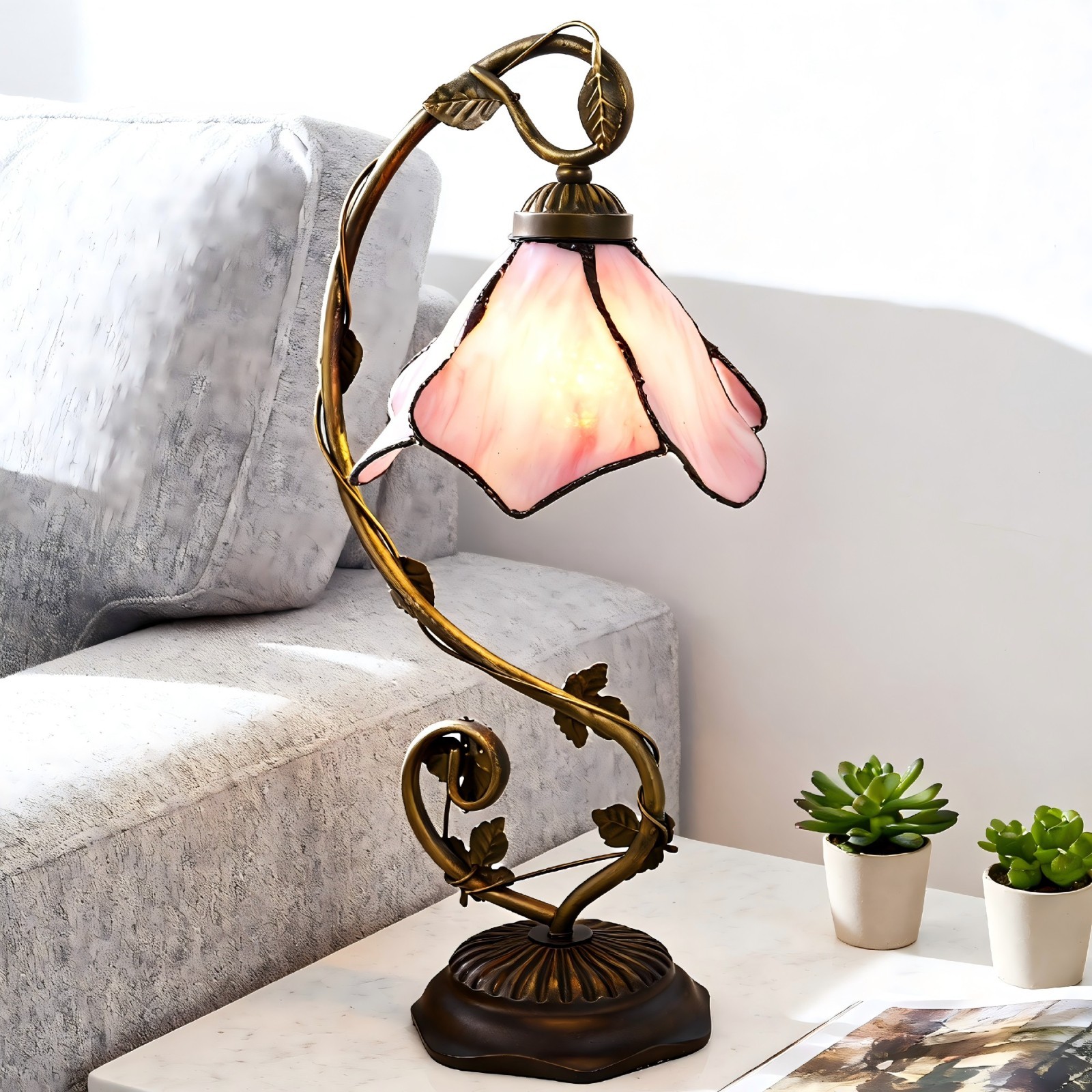 20 Inch Antique Bronze Tiffany With A Three Color Light Source Flower Table Lamp 20 Inch Antique Bronze Tiffany With A Three Color Light Source Flower Table Lamp