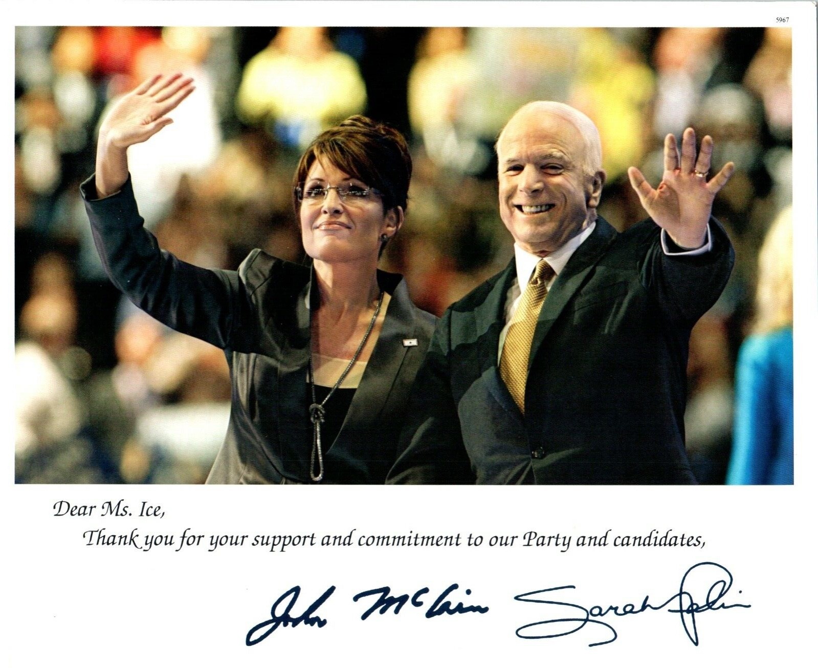 John McCain And Sarah Palin 2008 Campaign Photo Autopen Signed- B4-E
