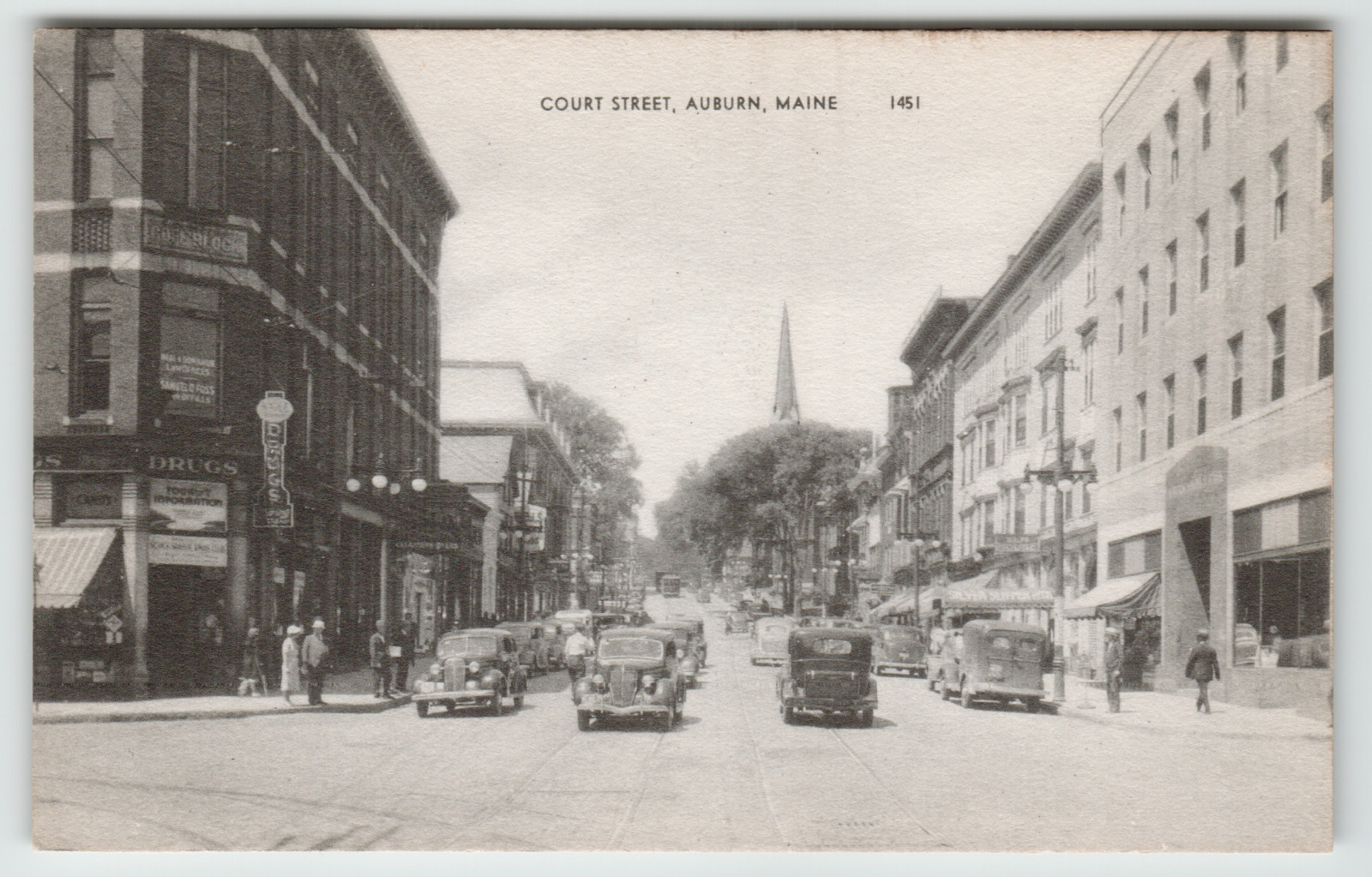 Postcard Court Street with Corner Drug Store and Vintage Cars in Auburn, ME Postcard Court Street with Corner Drug Store and Vintage Cars in Auburn, ME