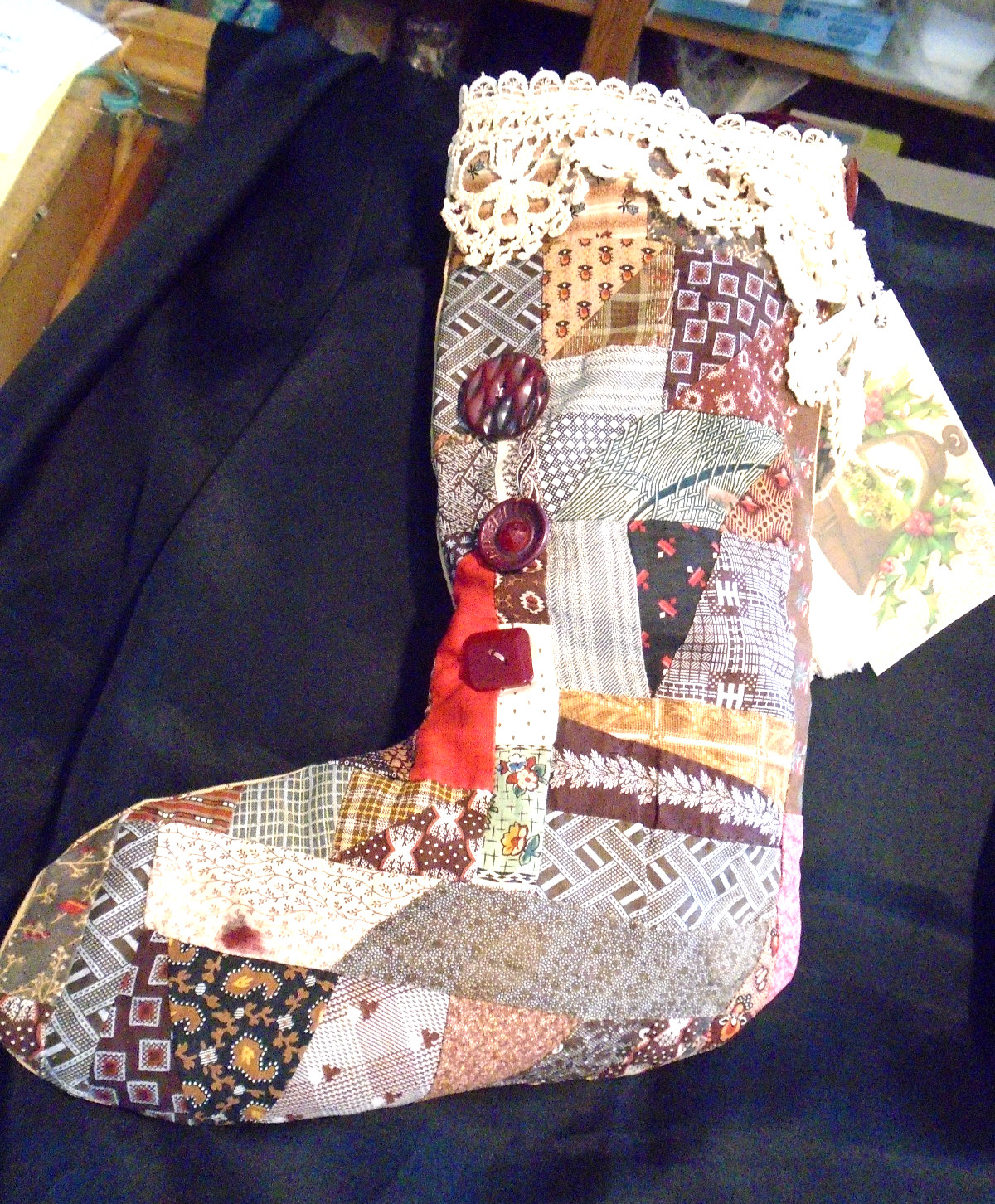 OOAK. (#3). Antique quilt Christmas Stocking w/ antique lace & buttons