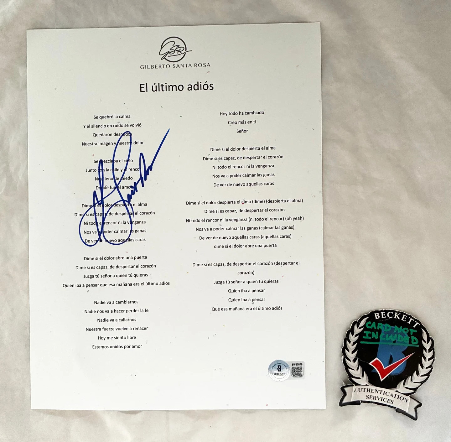 Gilberto Santa Rosa Signed Lyric Sheet El Ultimo Adios Beckett BAS COA Gilberto Santa Rosa Signed Lyric Sheet El Ultimo Adios Beckett BAS COA