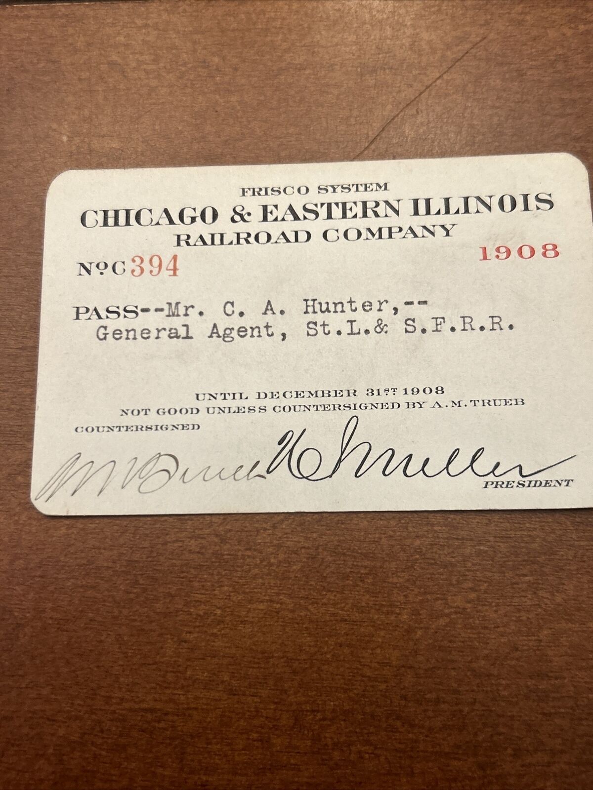 Rare 1908 Chicago & Eastern Illinois Railroad Pass Railway RR Train
