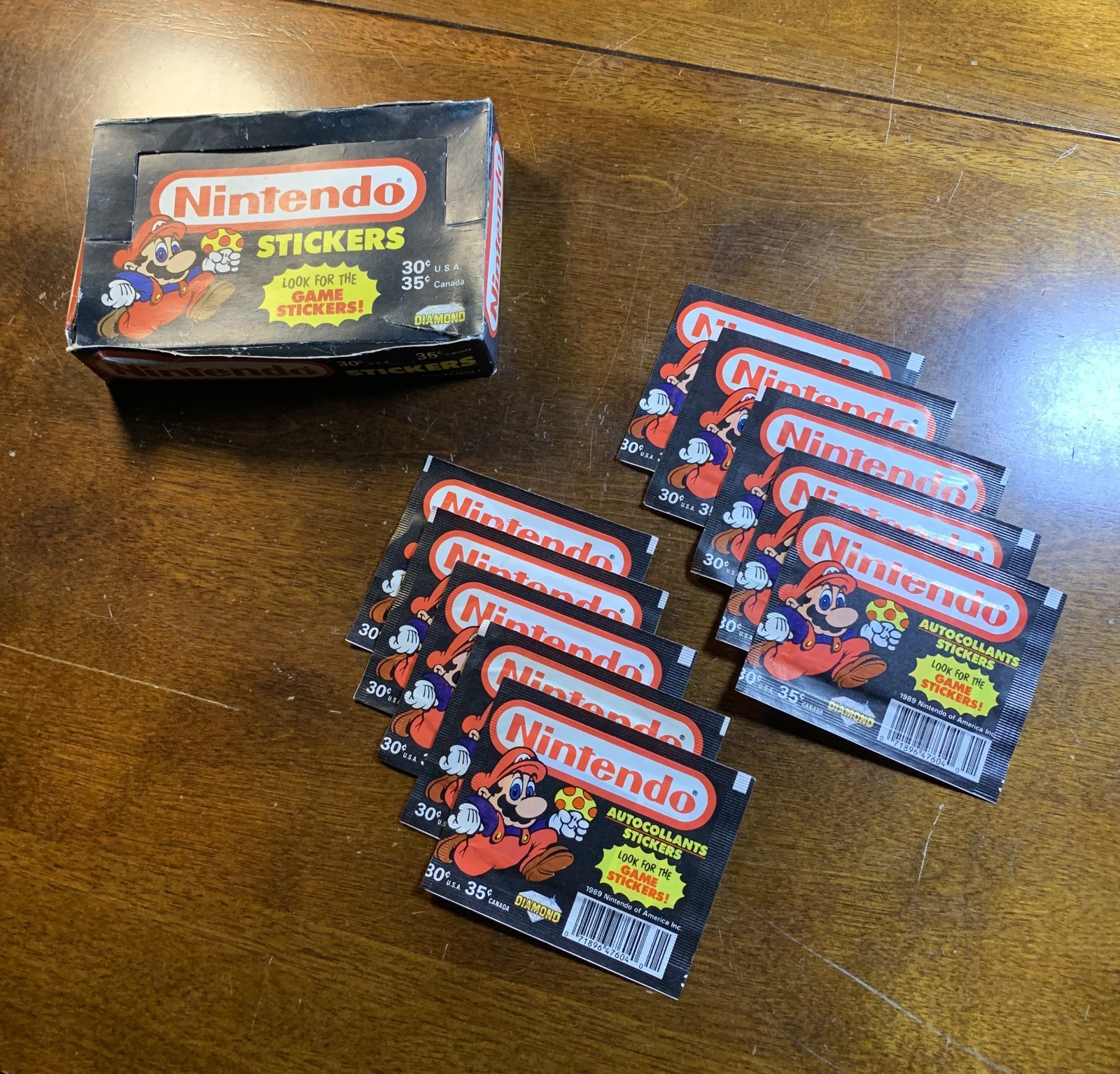 1989 Diamond Nintendo Stickers - 10 Sealed Packs + Empty Box