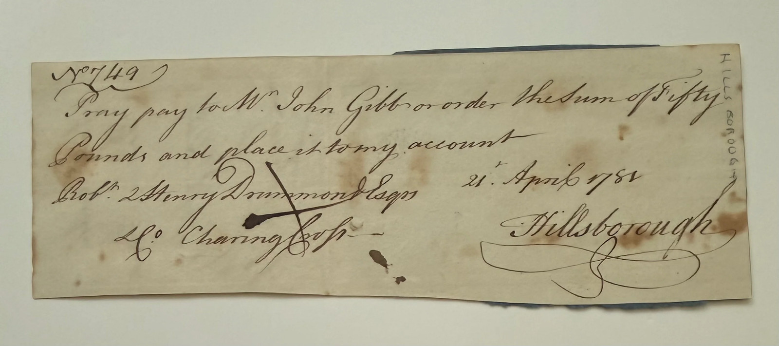 1781 EARL OF HILLSBOROUGH SIGNED £50 BANK DRAFT — BRITISH COLONIAL SECRETARY