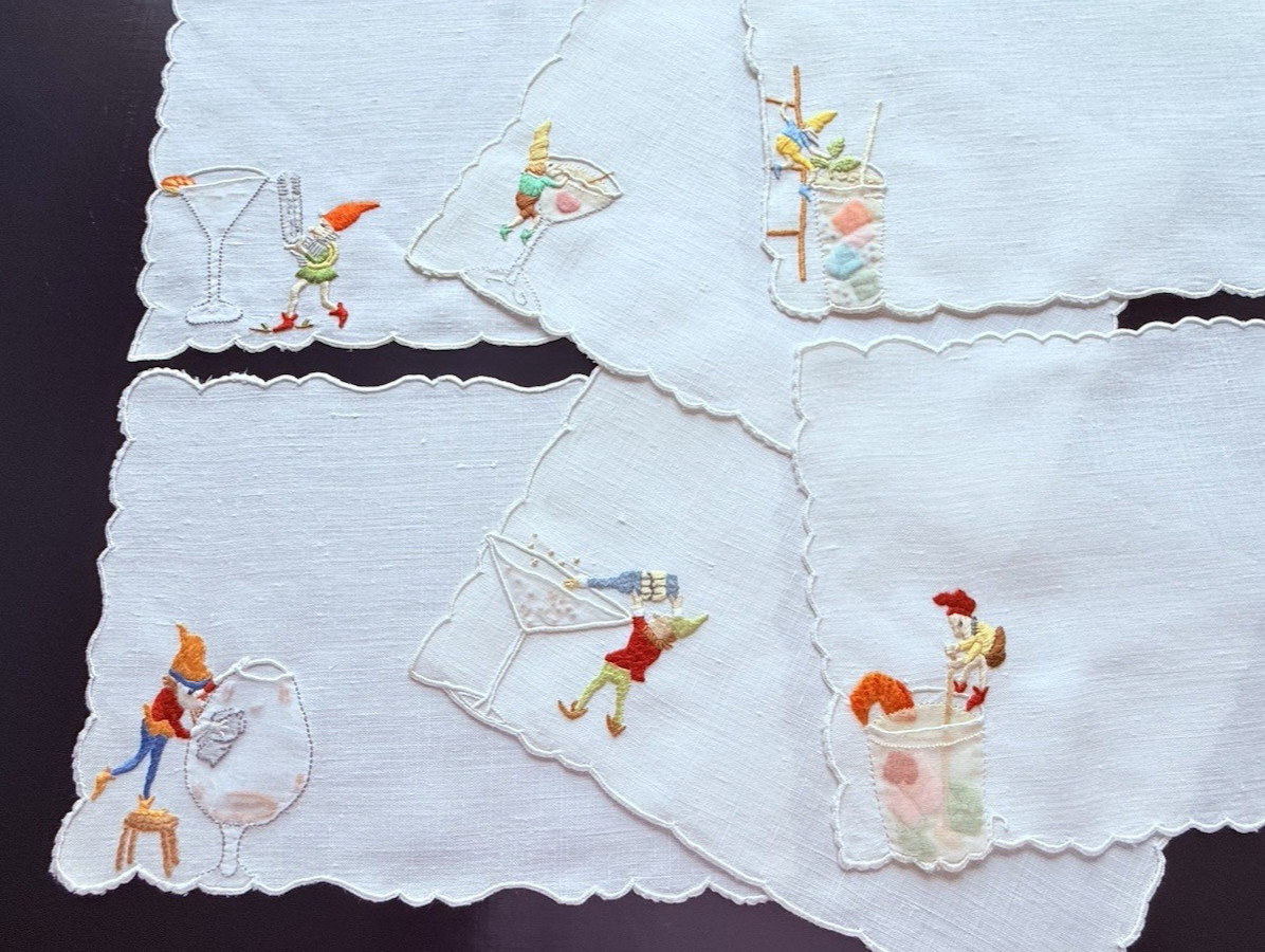 Vintage Cocktail Napkins Madeira Embroidered ELVES & COCKTAILS  Linen 6