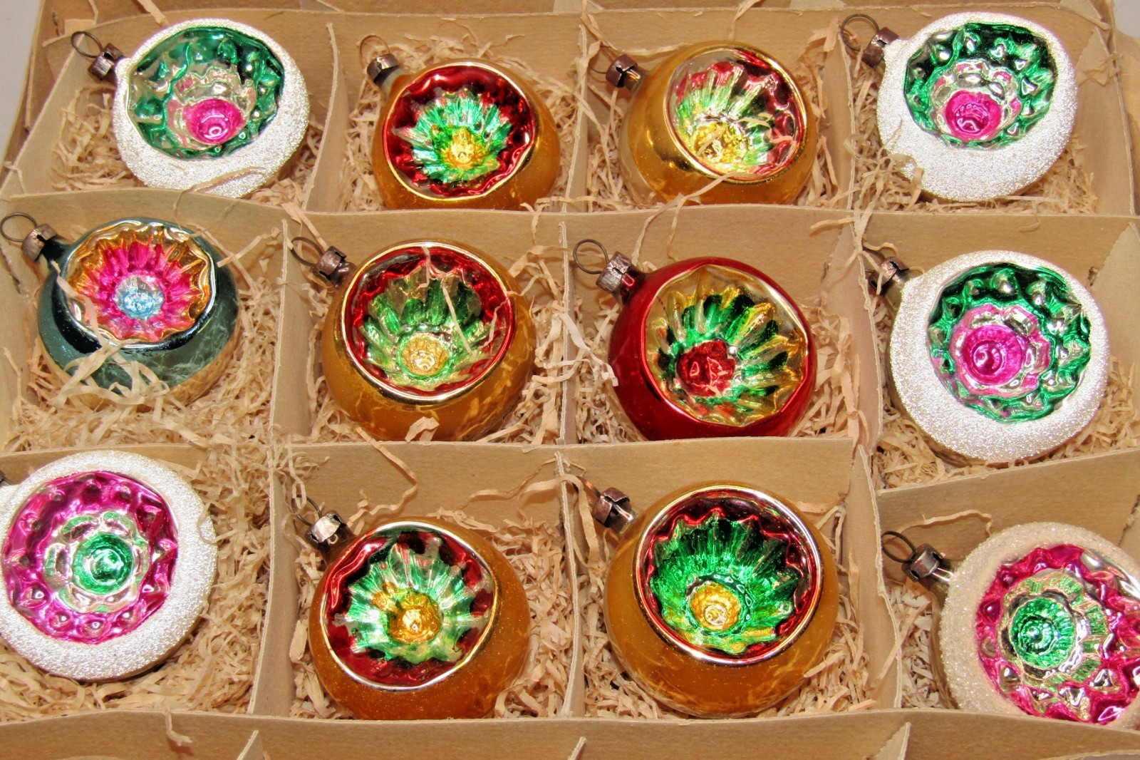 Lot VTG Glass Embossed FLOWER Indent Mica Small BALL Christmas Ornaments Poland Lot VTG Glass Embossed FLOWER Indent Mica Small BALL Christmas Ornaments Poland