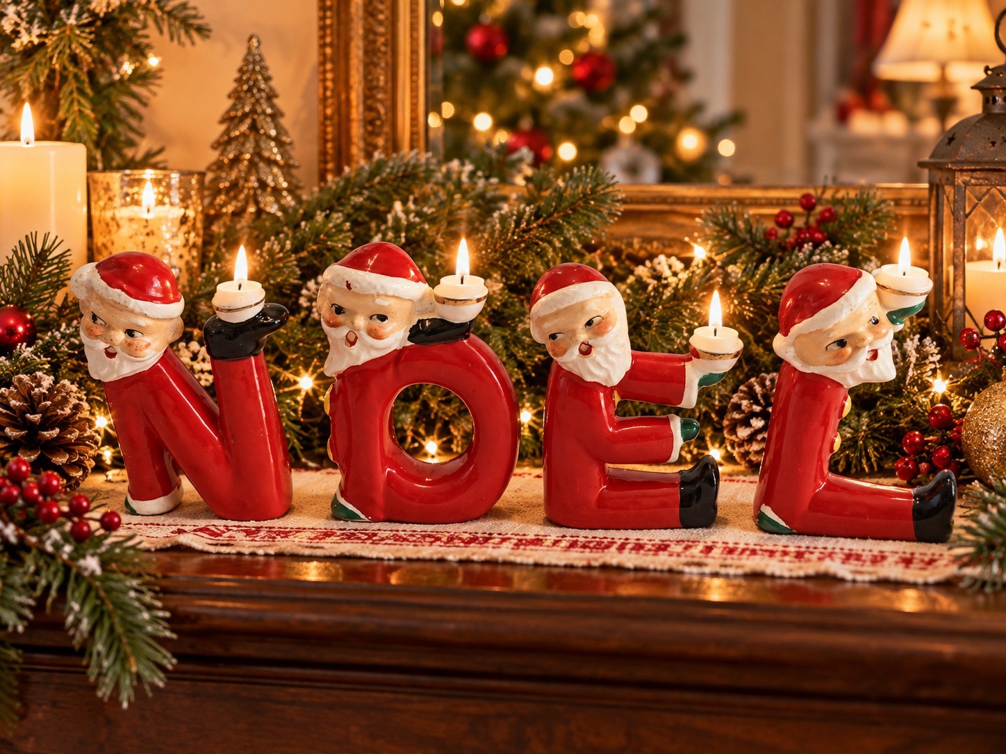 Rare Vintage RELCO Santa NOEL Candle Holders 4pc Set MCM Christmas Rare Vintage RELCO Santa NOEL Candle Holders 4pc Set MCM Christmas
