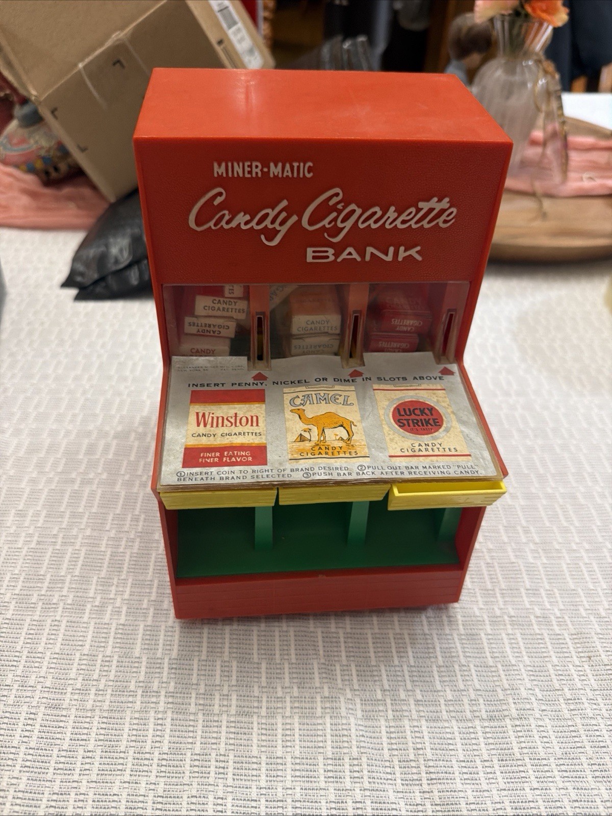 Vintage 1960s Miner-Matic Candy Cigarette Bank Toy Machine w/ 13 Candy Packs Vintage 1960s Miner-Matic Candy Cigarette Bank Toy Machine w/ 13 Candy Packs