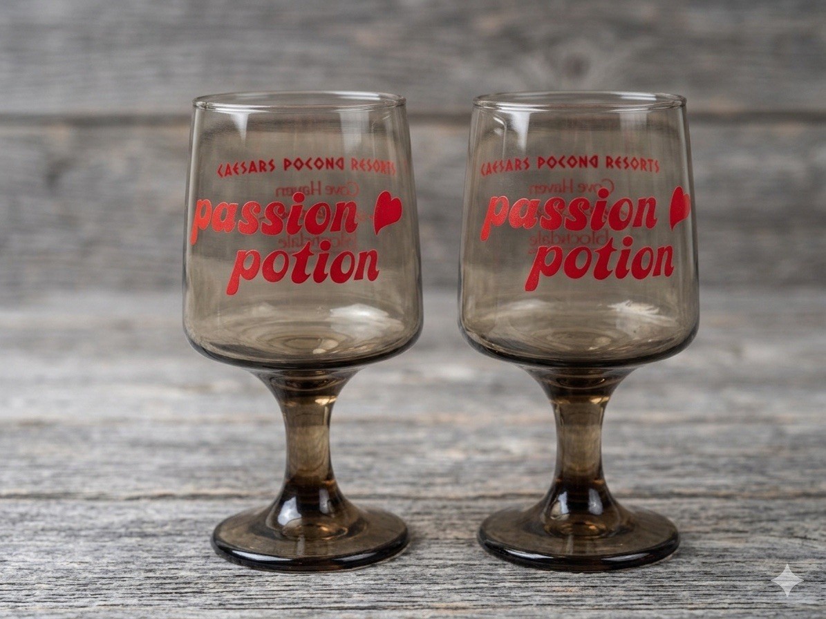 Vintage Caesars Pocono Resorts "Passion Potion" Smoked Glass Stemware Vintage Caesars Pocono Resorts "Passion Potion" Smoked Glass Stemware