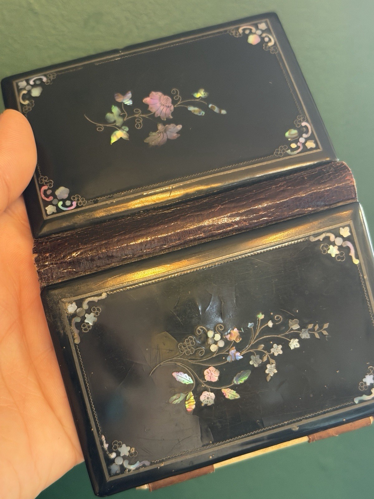 Antique Black Lacquer Mother of Pearl Inlaid Card Case with Pencil MOP Antique Black Lacquer Mother of Pearl Inlaid Card Case with Pencil MOP