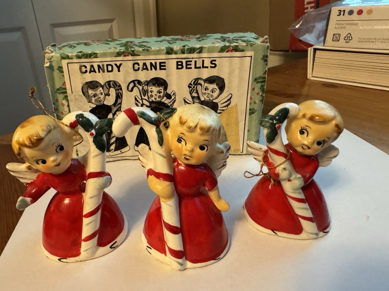 Vintage Napco? Wales? Japan Ceramic Christmas Angel Candy Cane Bells With Box Vintage Napco? Wales? Japan Ceramic Christmas Angel Candy Cane Bells With Box