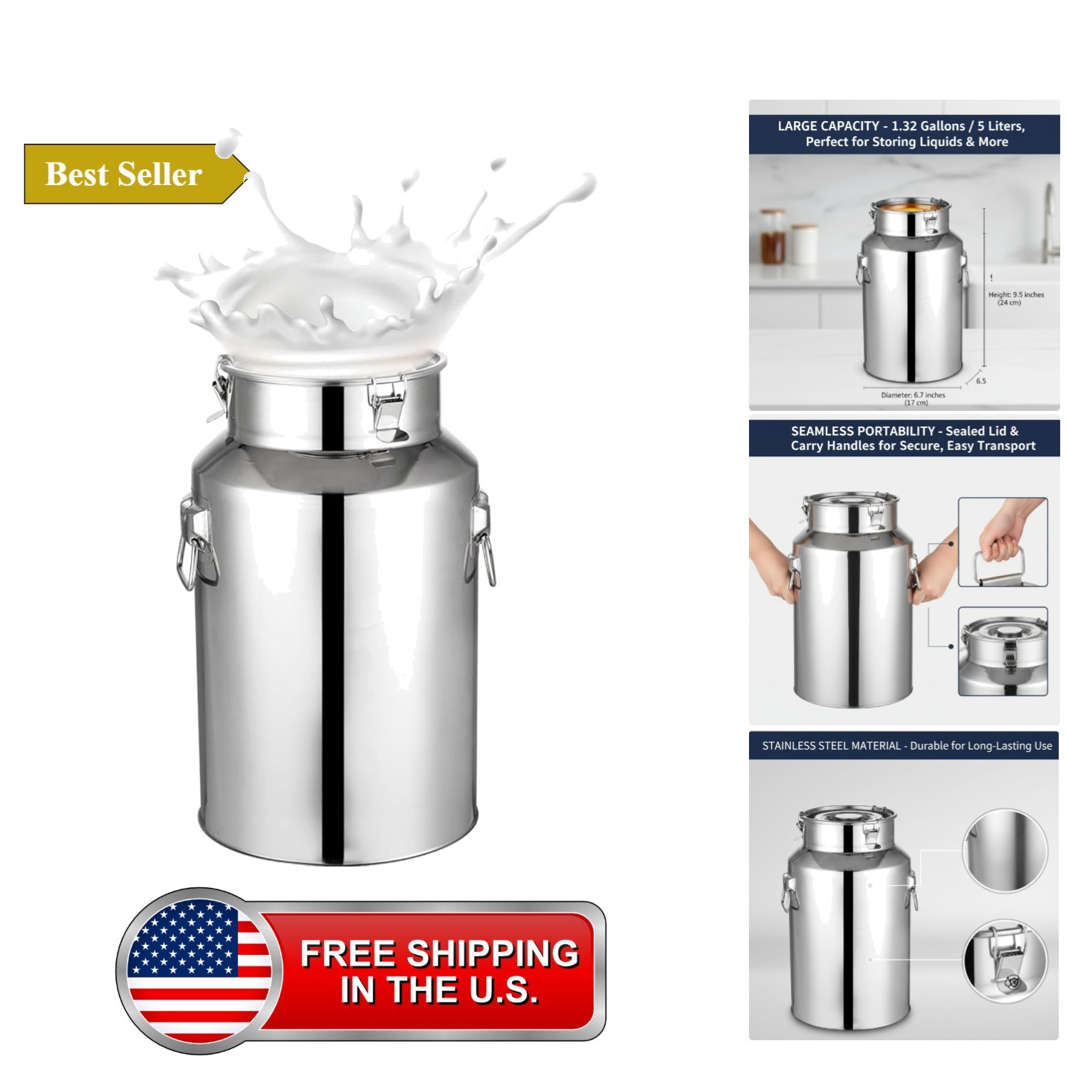 3.5L Stainless Steel Milk Can, Gray Metal Bucket Jug with Sealed Lid 3.5L Stainless Steel Milk Can, Gray Metal Bucket Jug with Sealed Lid