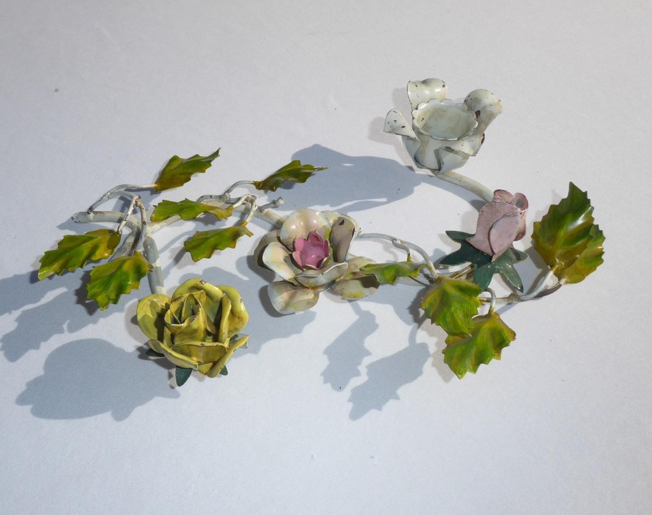 VINTAGE ITALIAN TOLE PAINTED METAL ROSES ON BRANCH CANDLESTICK HOLDER VINTAGE ITALIAN TOLE PAINTED METAL ROSES ON BRANCH CANDLESTICK HOLDER
