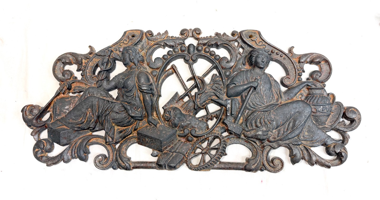 Antique ornate 19th century French cast iron Vulcan and Felicitas wall plaque
