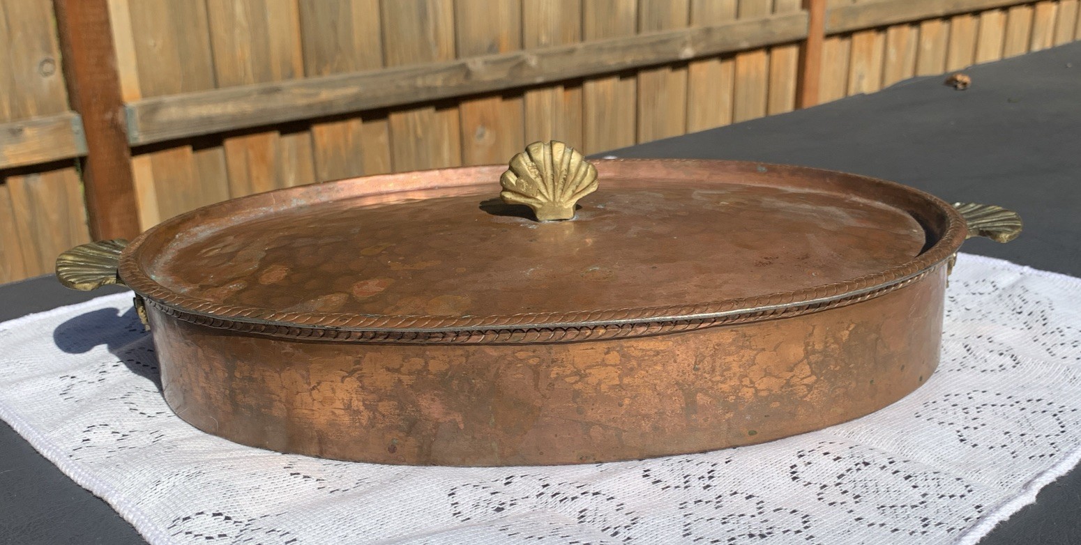 Antique Copper With Tin Oval Roasting Pan Fish Baker 15”x8.75” With Lid Antique Copper With Tin Oval Roasting Pan Fish Baker 15”x8.75” With Lid