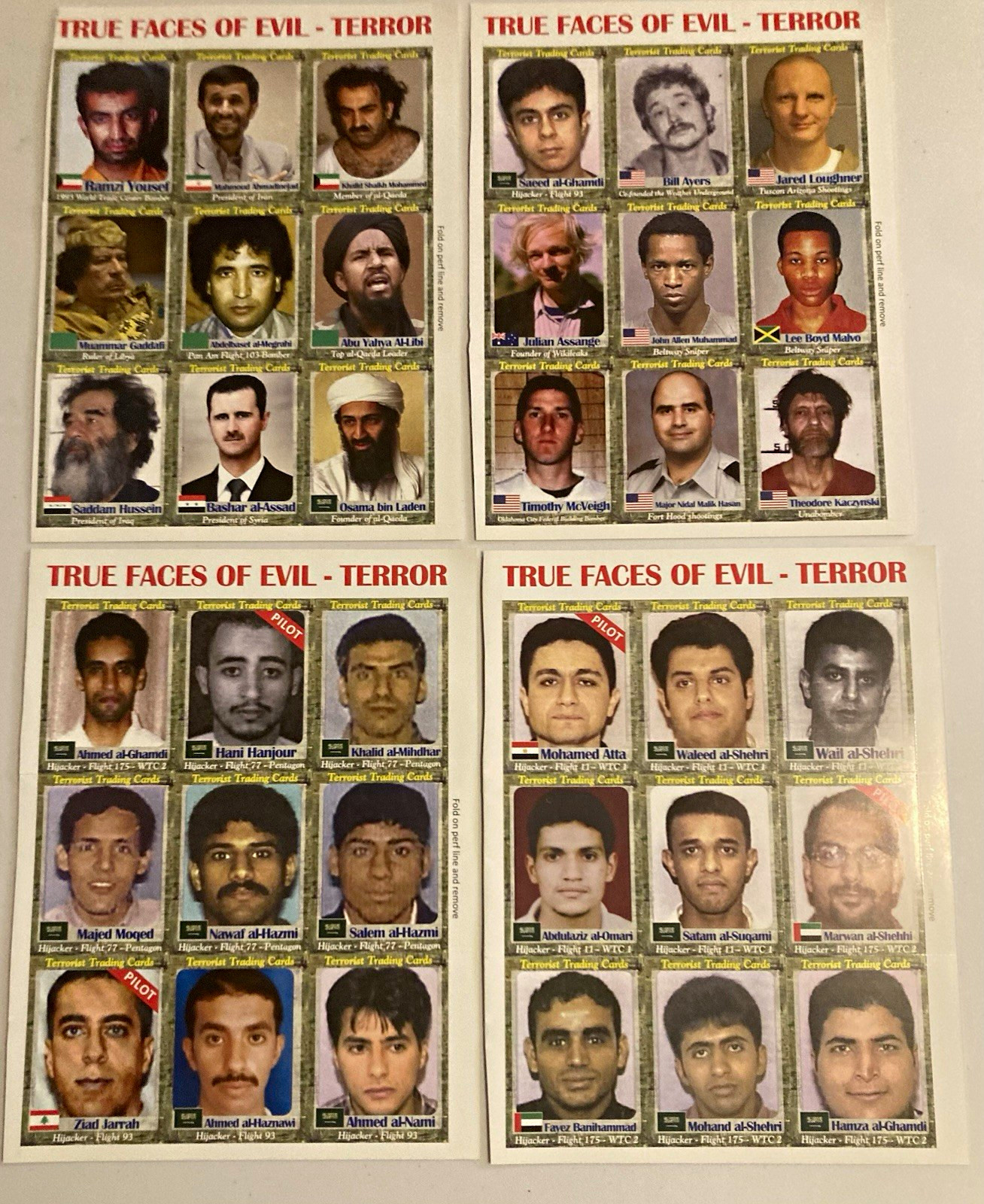Really big coloring book terrorist trading cards, complete set 9/11, domestic