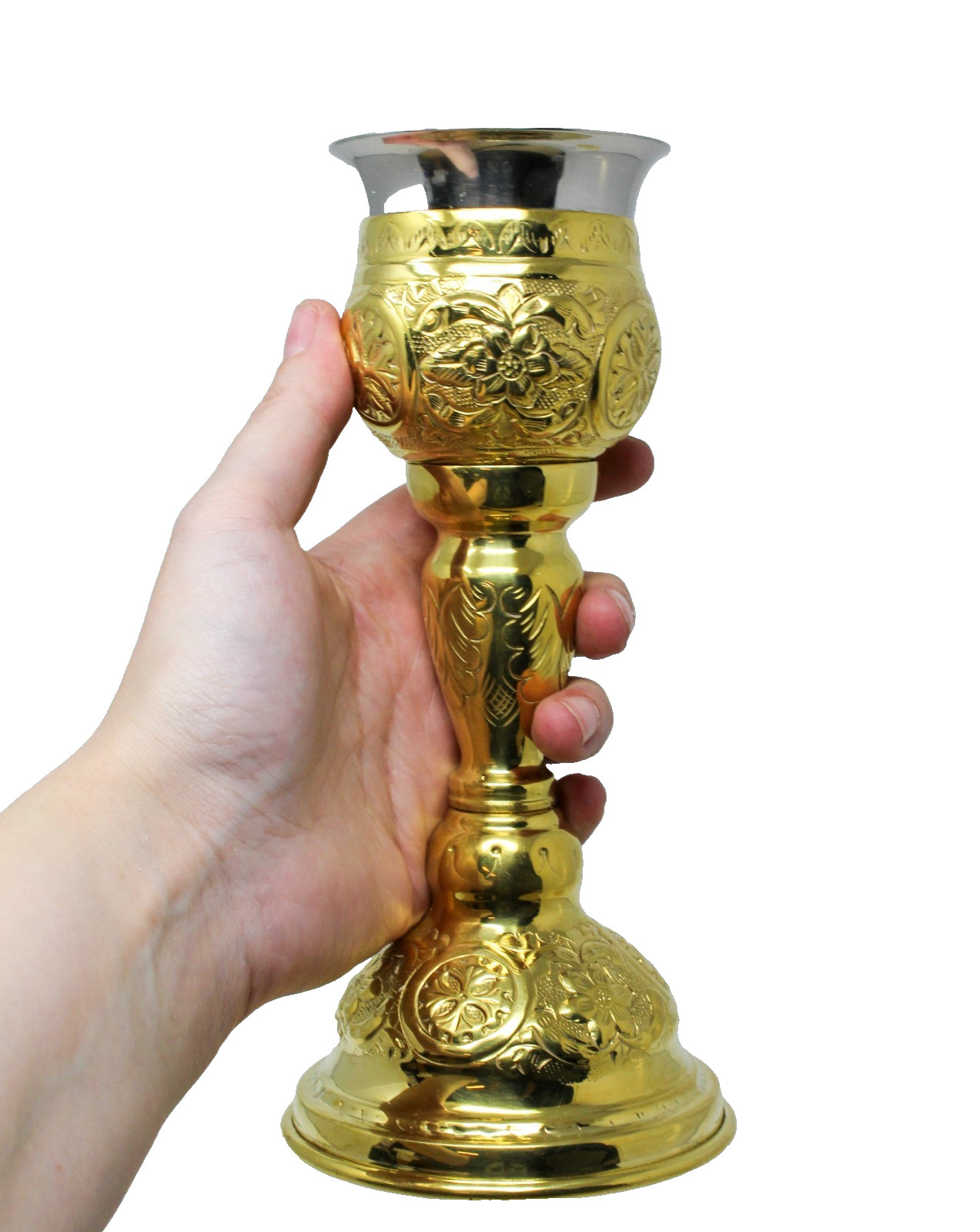 Ornate Embossed High Polished Brass Chalice Cup and Paten Set for Catholic Mass