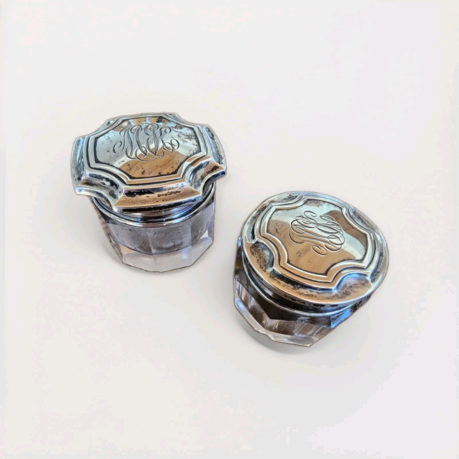 2 Antique Miniature Cut Crystal Dresser Jars, Sterling Silver Tops 2 Antique Miniature Cut Crystal Dresser Jars, Sterling Silver Tops