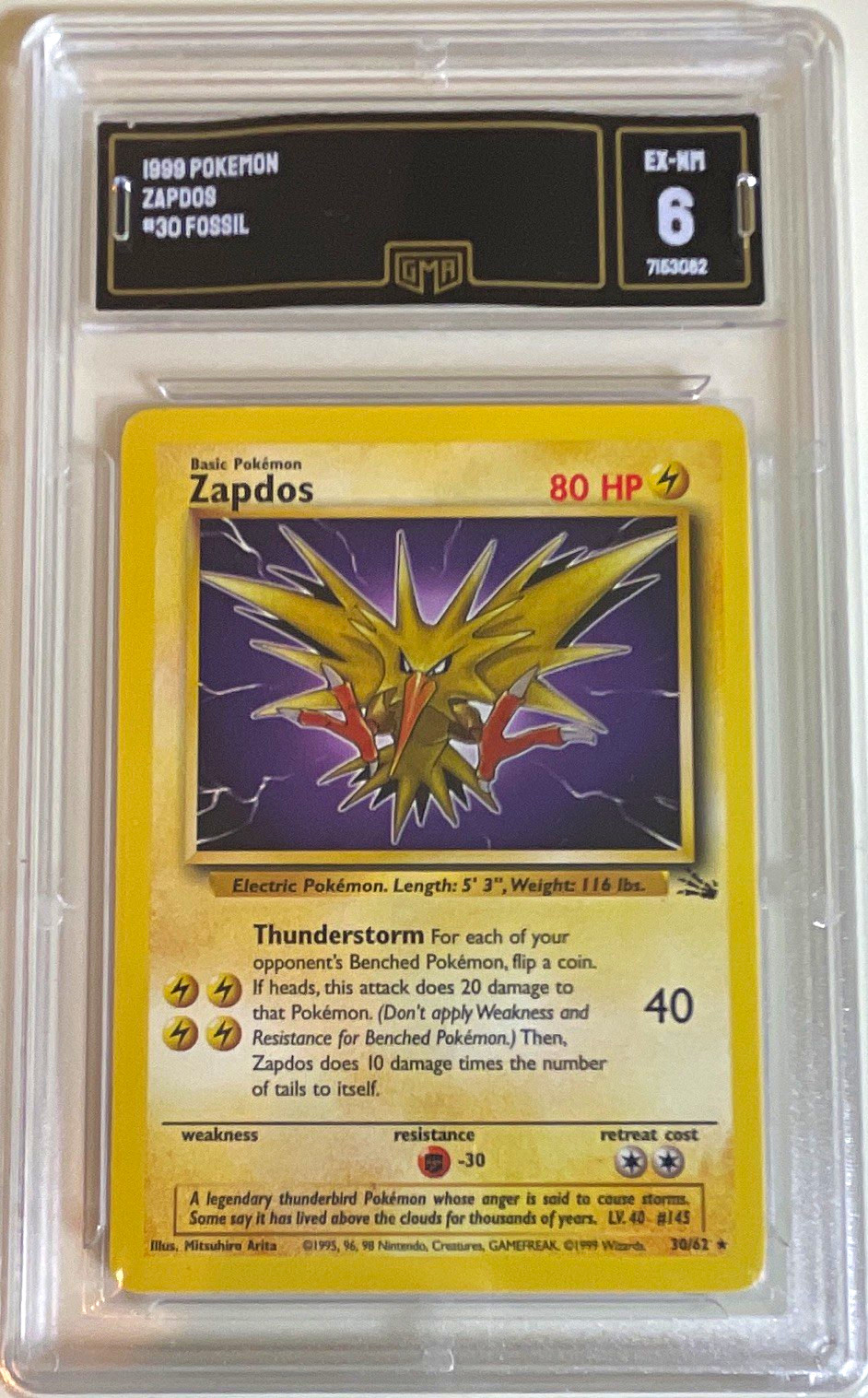 1999 Pokémon Fossil Zapdos 30/62 English Card Nintendo GMA 6 Graded 1999 Pokémon Fossil Zapdos 30/62 English Card Nintendo GMA 6 Graded