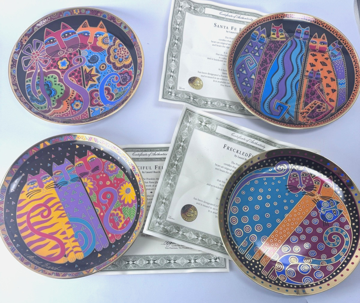 Four (4) Laurel Burch Feline Plates / Franklin Mint Numbered 1995 Collectibles