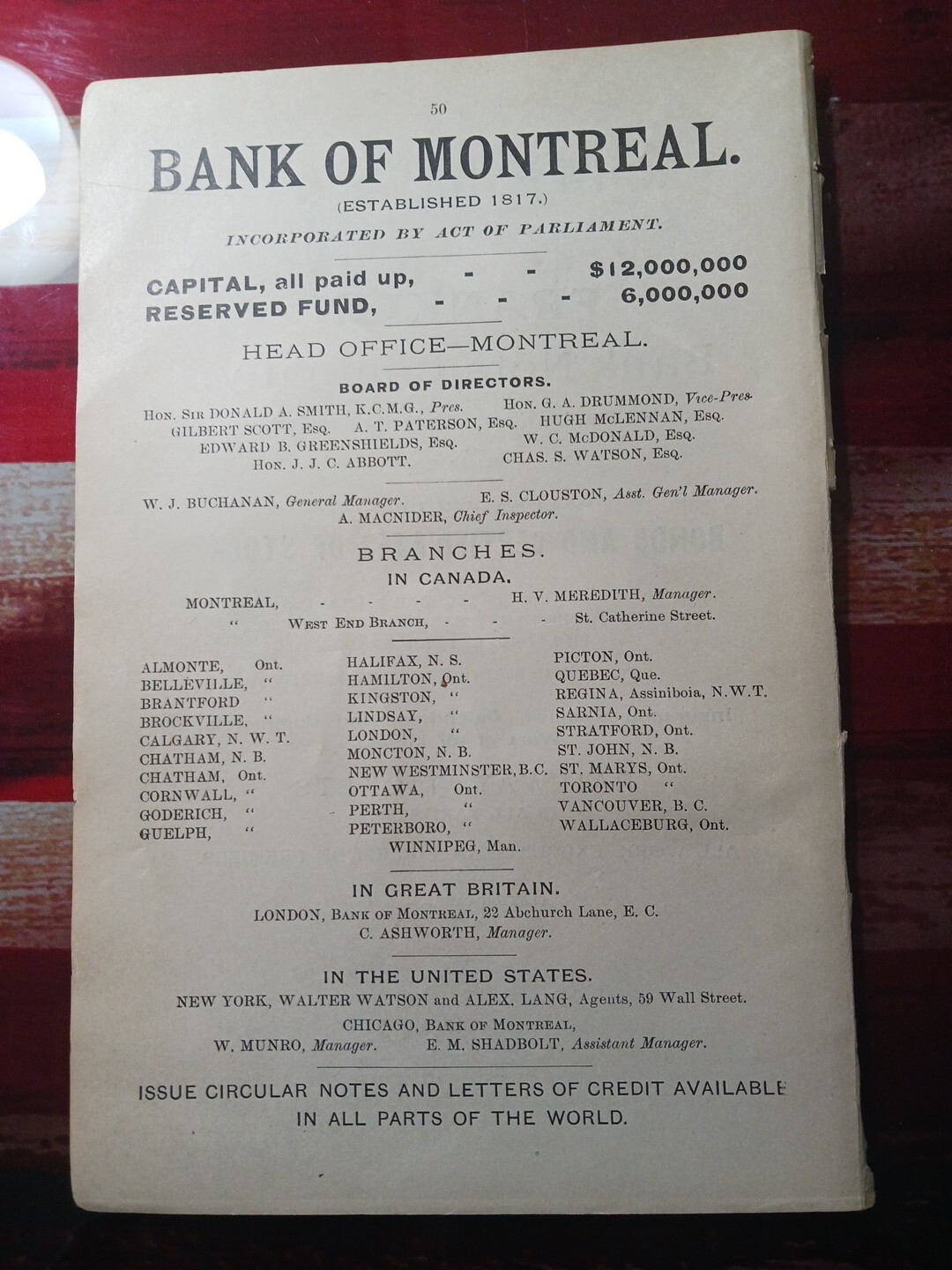 1890 Print Advertising BANK OF MONTREAL Sir Donald Smith President ~ Branch List 1890 Print Advertising BANK OF MONTREAL Sir Donald Smith President ~ Branch List
