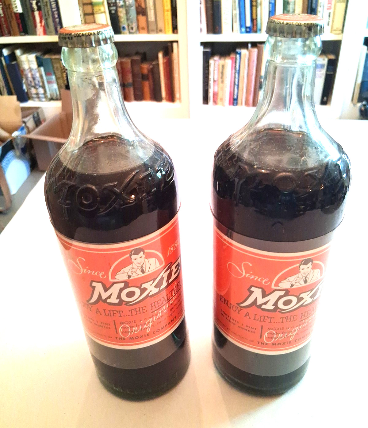 **2** FULL MOXIE 1 Pint 10 Ounce Vintage Soda Bottles w/Labels Rare Elixir 52oz. **2** FULL MOXIE 1 Pint 10 Ounce Vintage Soda Bottles w/Labels Rare Elixir 52oz.
