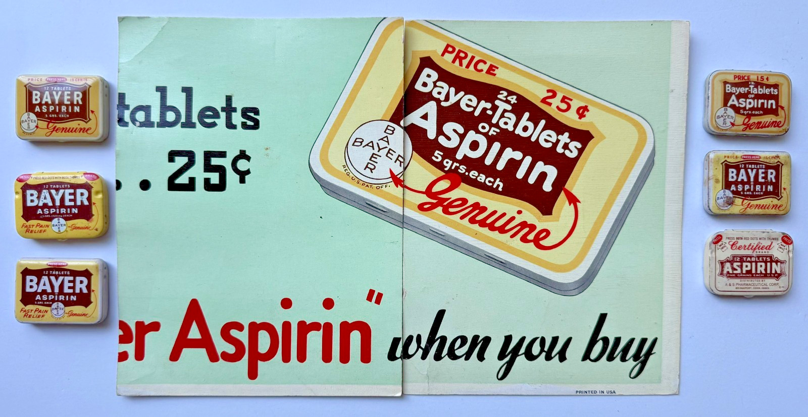 SIX Vintage Bayer Aspirin TINS w/Partial ORIGINAL STORE DISPLAY SIGN advertising