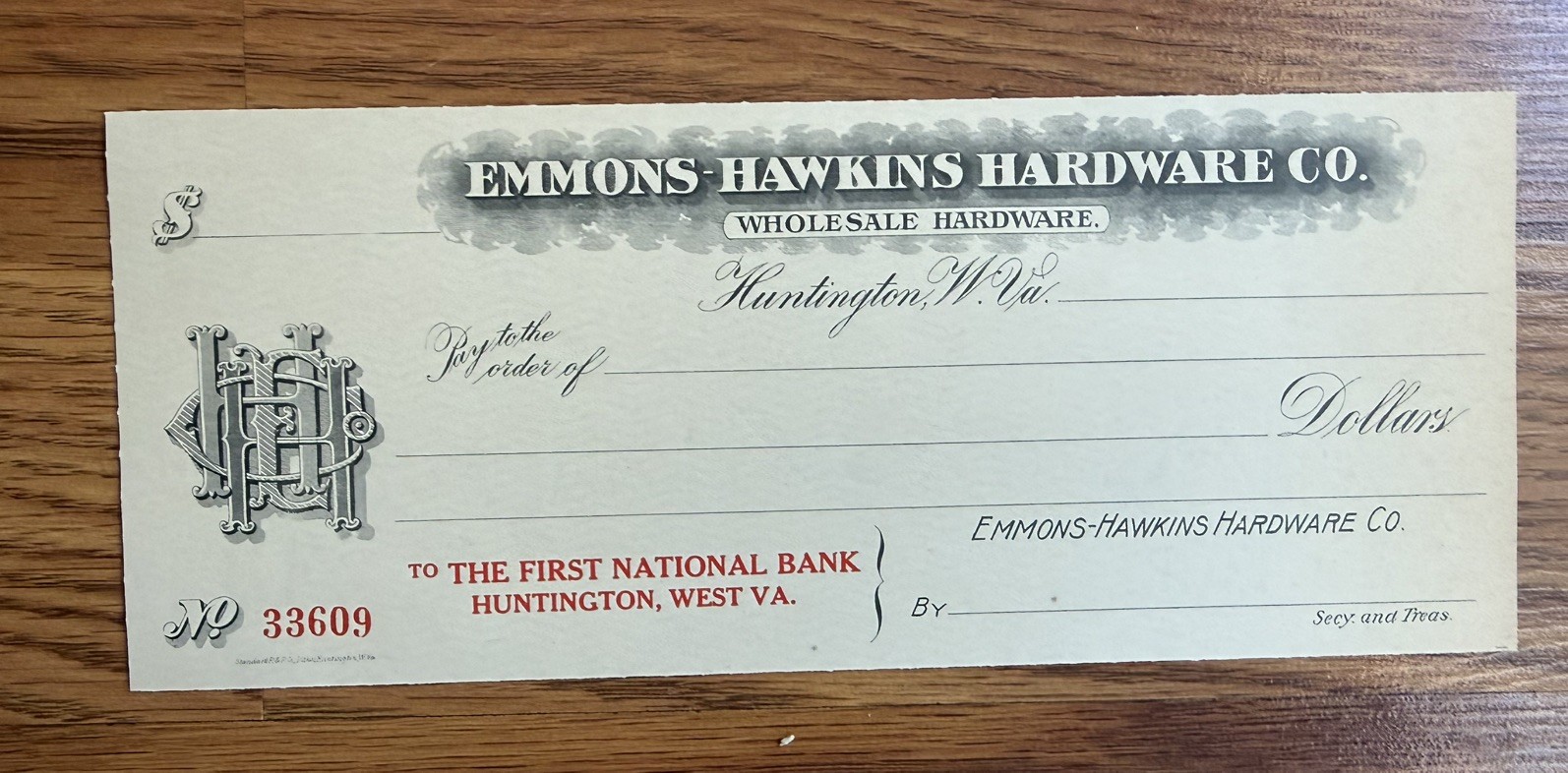 25. Vintage bank check EMMONS HAWKINS HARDWARE Huntington West Virginia. WV 1899