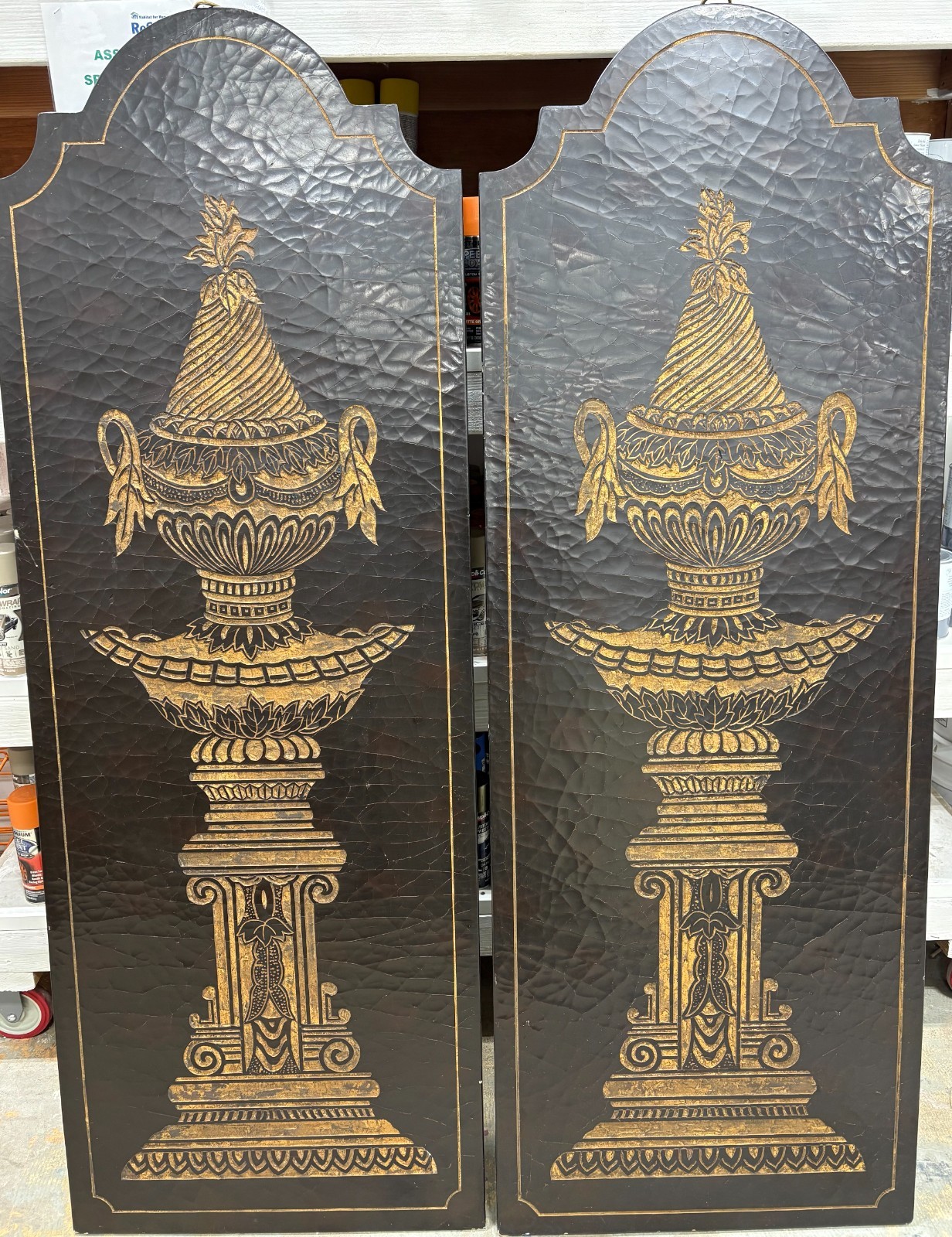 Empire Style Two (2) decorative wall panels Gold Gilt Urn On Black Lacquer Empire Style Two (2) decorative wall panels Gold Gilt Urn On Black Lacquer