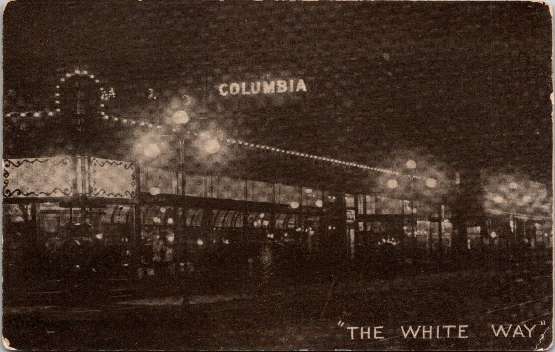 Postcard The White Way Columbia Theater Night View Street Lights RPPC