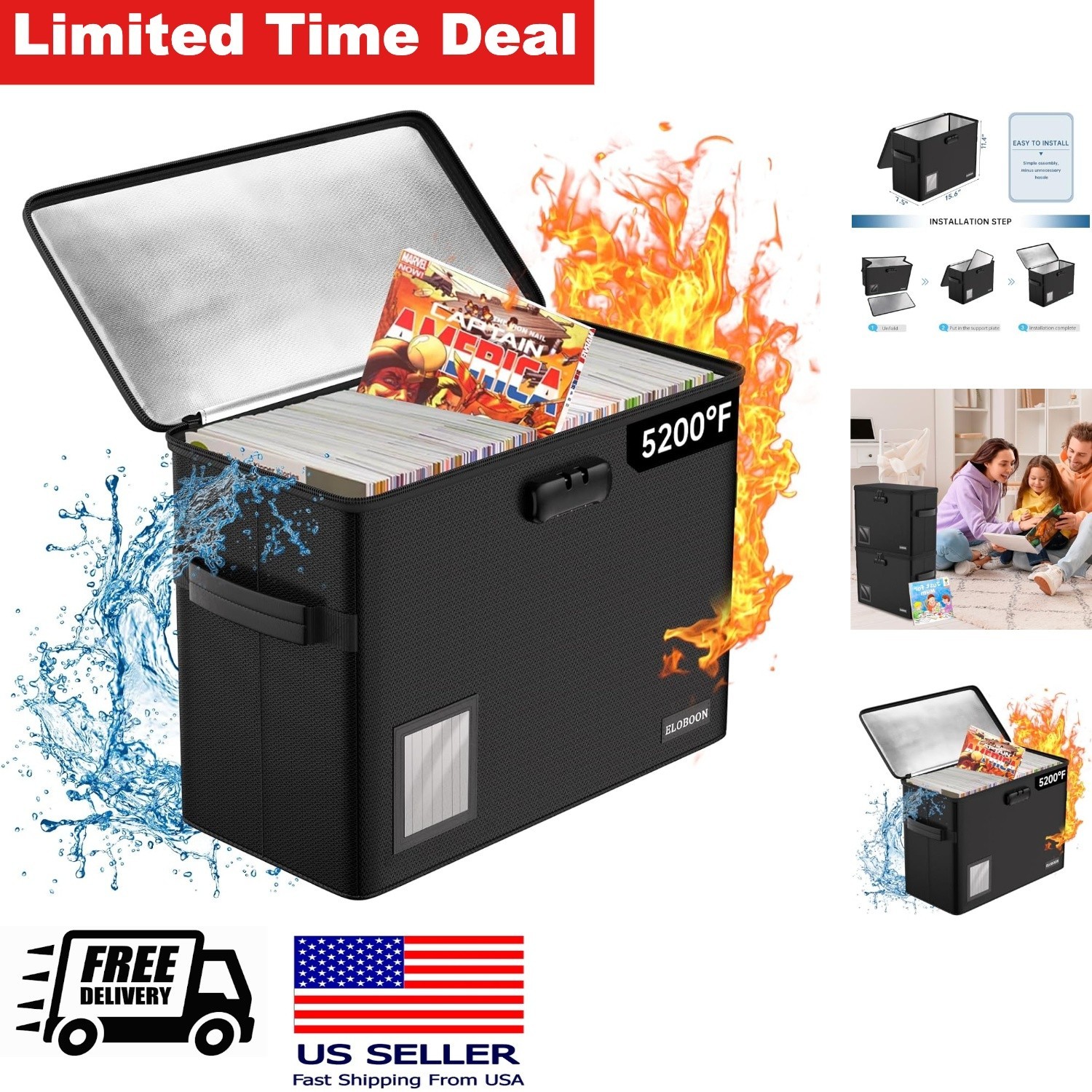 Fireproof Comic Book Storage Box for 150-175 Comics Durable Waterproof Fireproof Comic Book Storage Box for 150-175 Comics Durable Waterproof