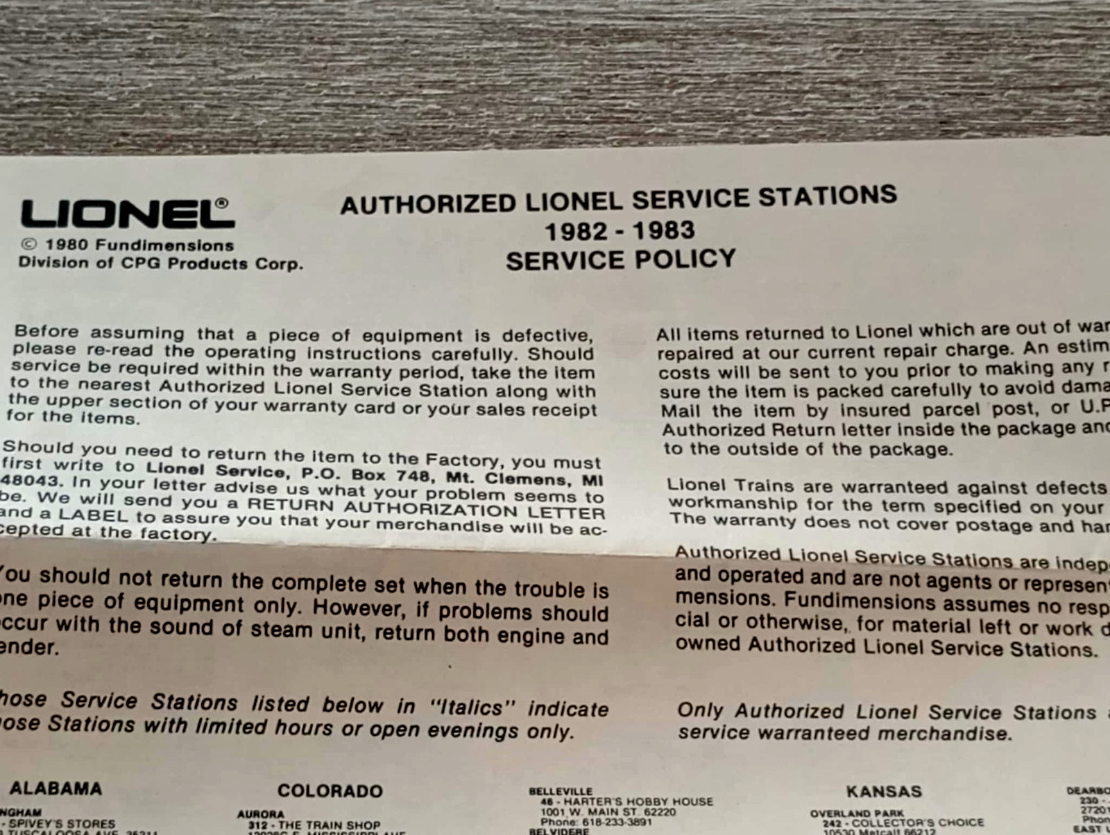 Vintage 1982-1983 Lionel "Authorized Service Centers List Service Policy Only"