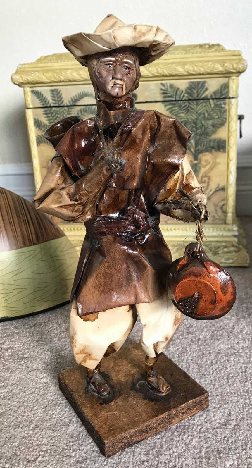 Rare Mexican Folk Art Papier-Mâché Merchant Figure with Miniature Wooden Vessels Rare Mexican Folk Art Papier-Mâché Merchant Figure with Miniature Wooden Vessels