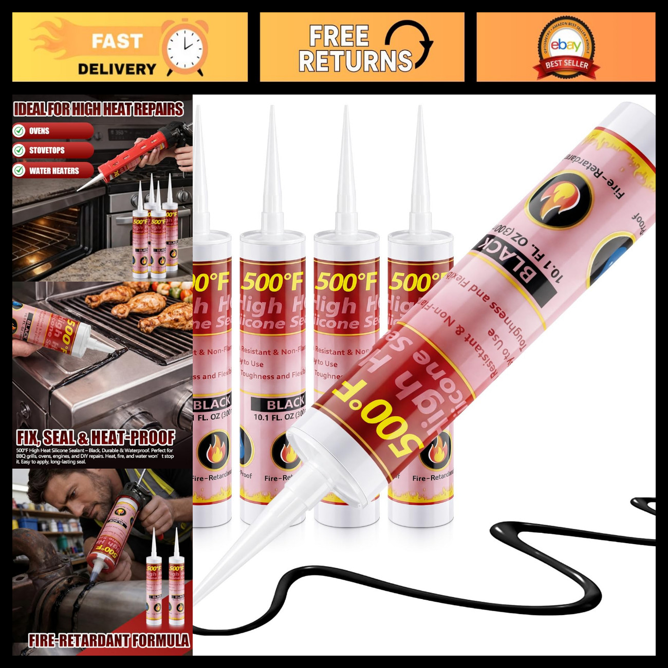 4 Packs 500°F Rtv High Heat Silicone Sealant 10oz High Temp Gasket Maker