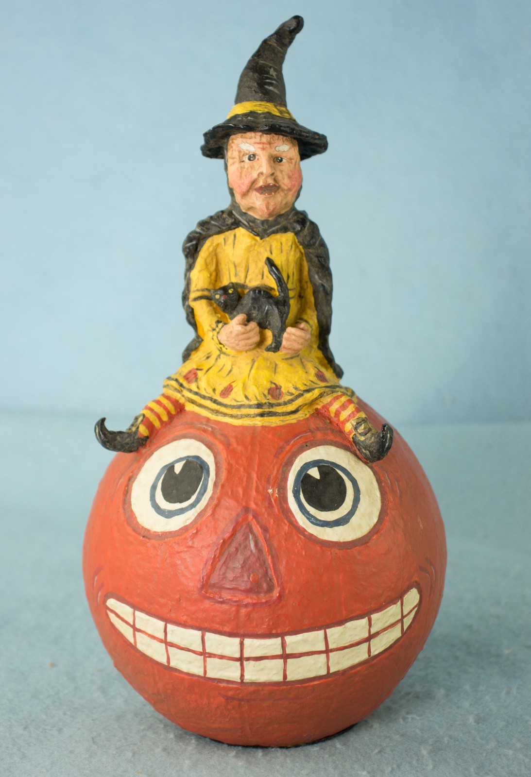 12" Vintage Poliwoggs Halloween Witch Sitting On Pumpkin Black Cat Folk Art 12" Vintage Poliwoggs Halloween Witch Sitting On Pumpkin Black Cat Folk Art