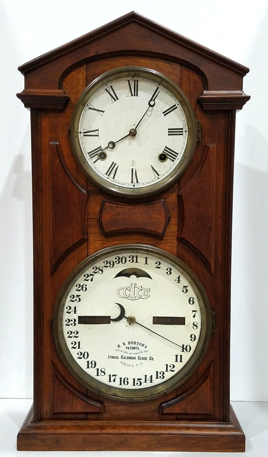 Antique Ithaca No. 7 Shelf Cottage H.B. Horton's Perpetual Calendar Clock 8-Day