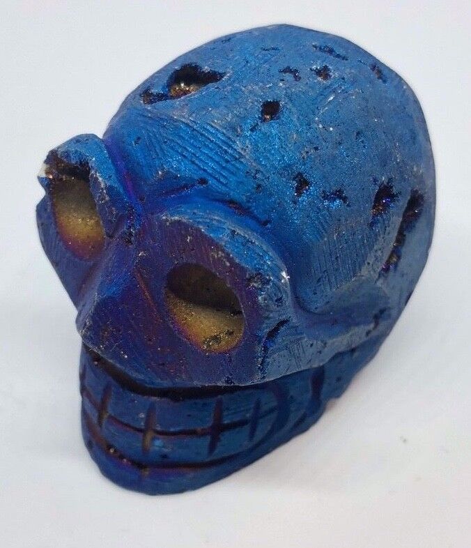 Gemstone Skull Blue Glitter Druzy Geode Quartz 4.44oz 1 21/32x1 7/16x2.01in