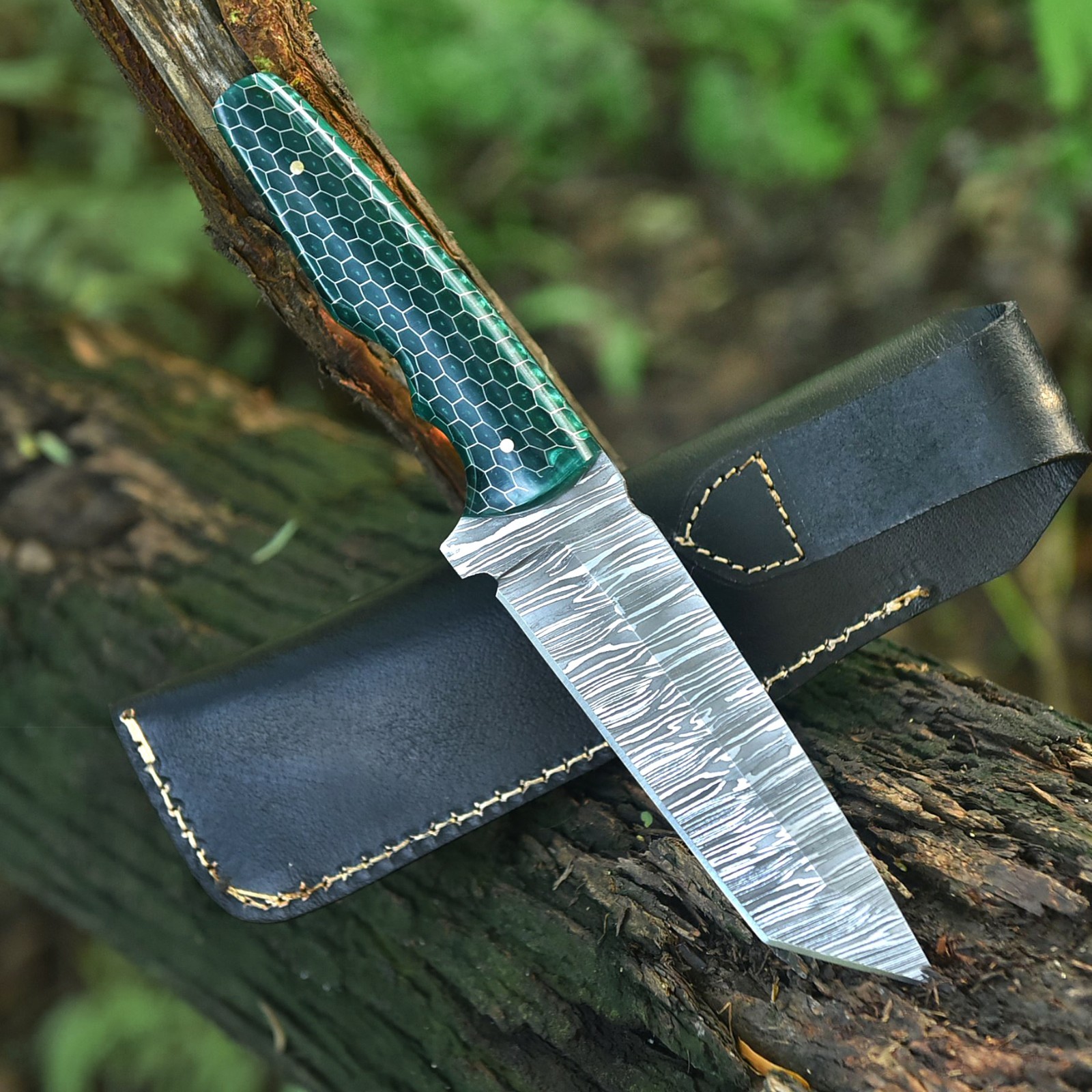 9.3" Hand Forged Damascus Steel Blade Combat Hunting Knife with Honeycomb Resin