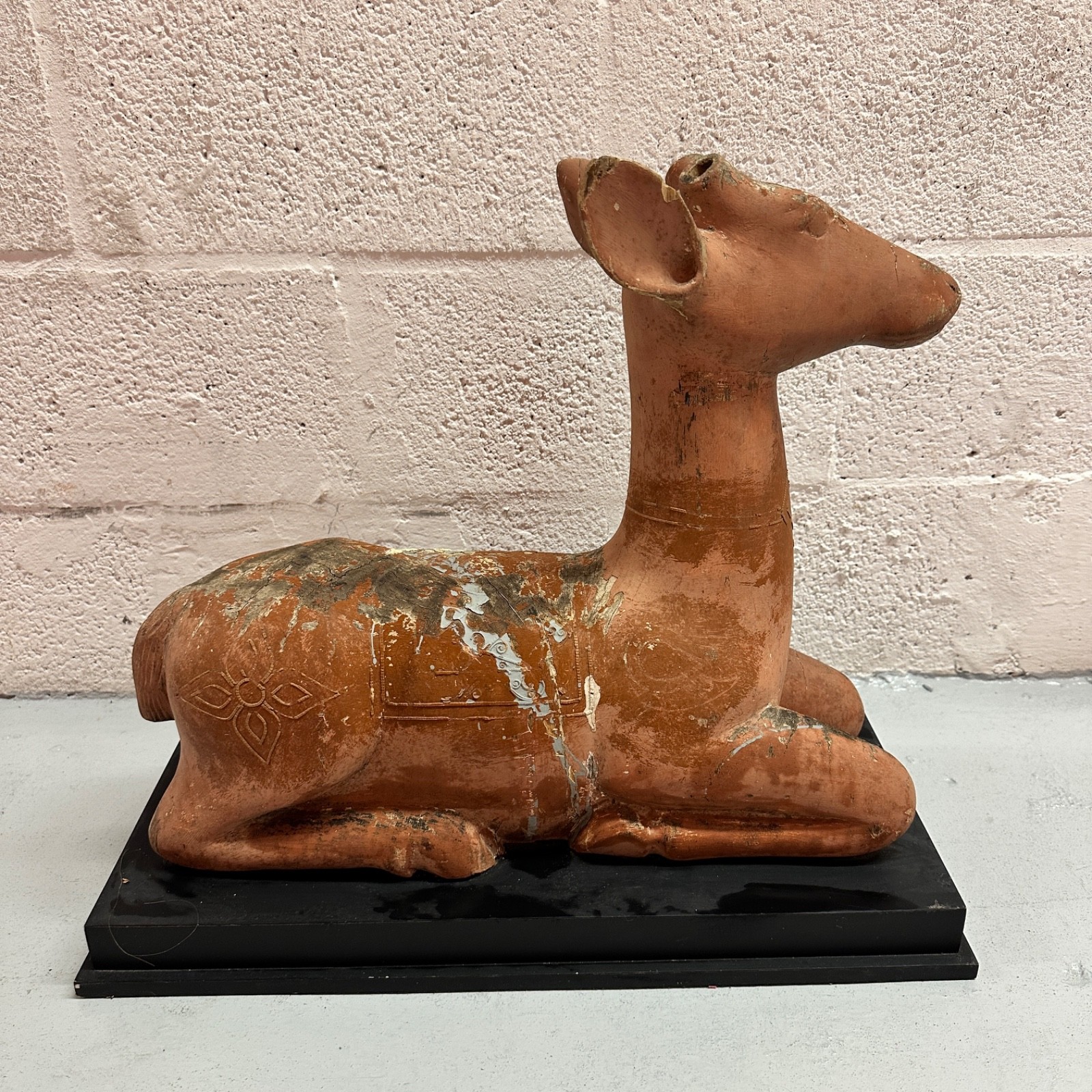 Large Vintage Wooden Reclining Deer Sculpture 20" Folk Art on Black Base Large Vintage Wooden Reclining Deer Sculpture 20" Folk Art on Black Base