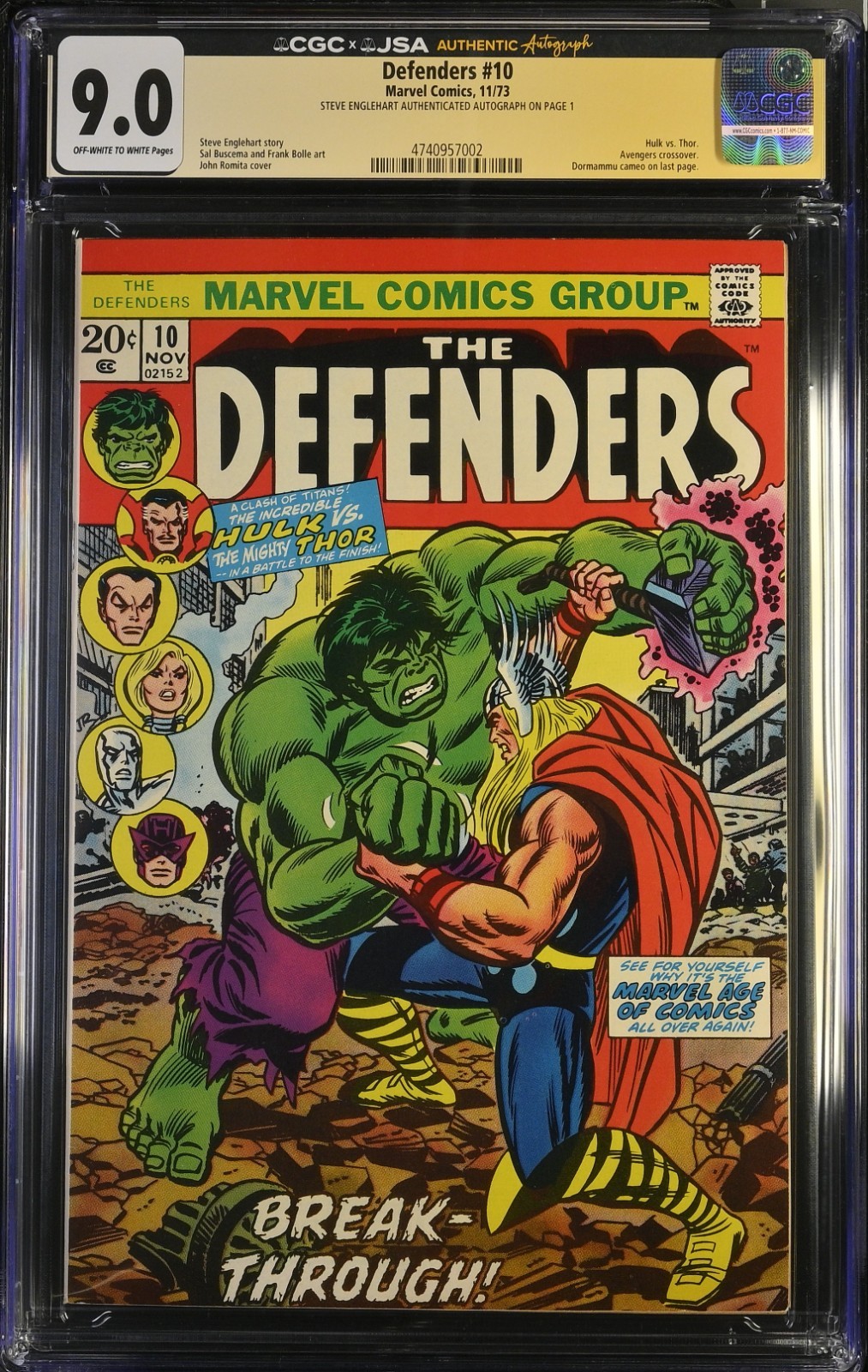 ⚡ Defenders #10 CGC 9.0 OWW Authentic Autograph Steve Englehart Hulk x Thor 1973 ⚡ Defenders #10 CGC 9.0 OWW Authentic Autograph Steve Englehart Hulk x Thor 1973