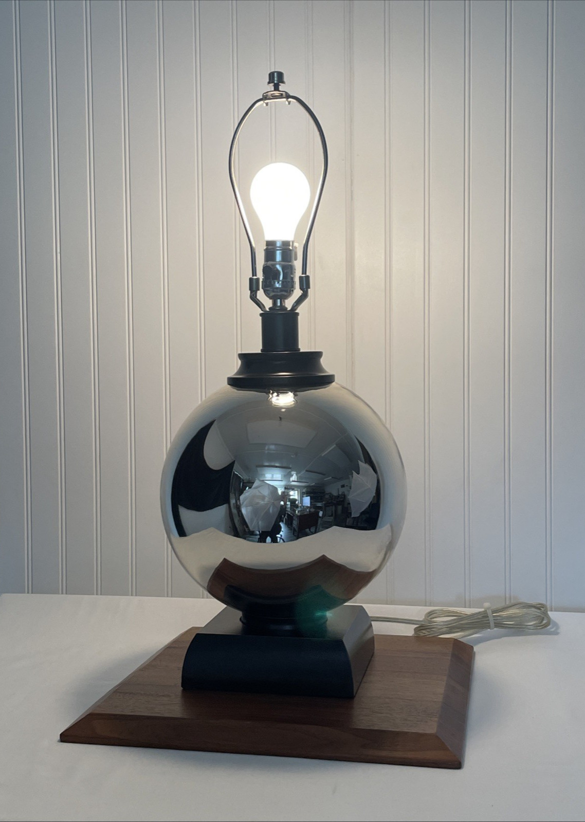 Vtg Chrome Mirrored MCM Table Lamp Ball Sphere Kovacs Style Large 1960s 1970s