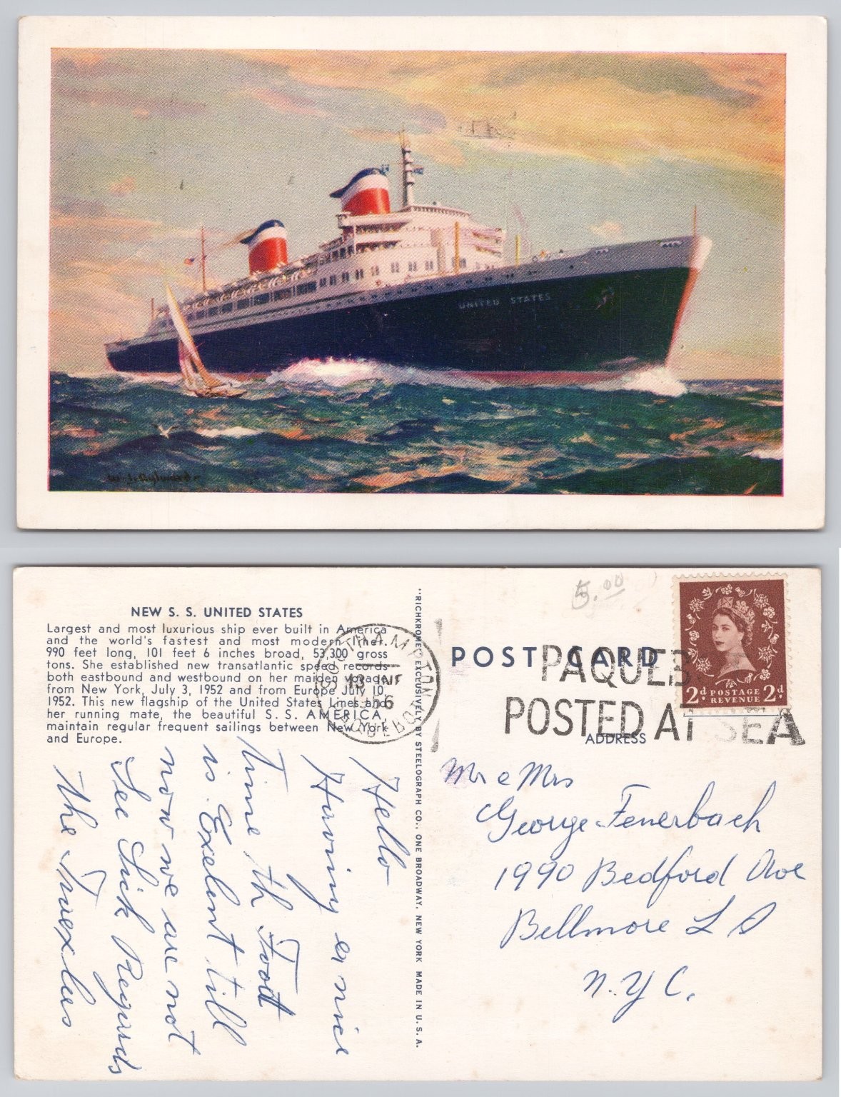 S.S. United States Ocean Liner Postcard c.1950s Posted at Sea New York S.S. United States Ocean Liner Postcard c.1950s Posted at Sea New York