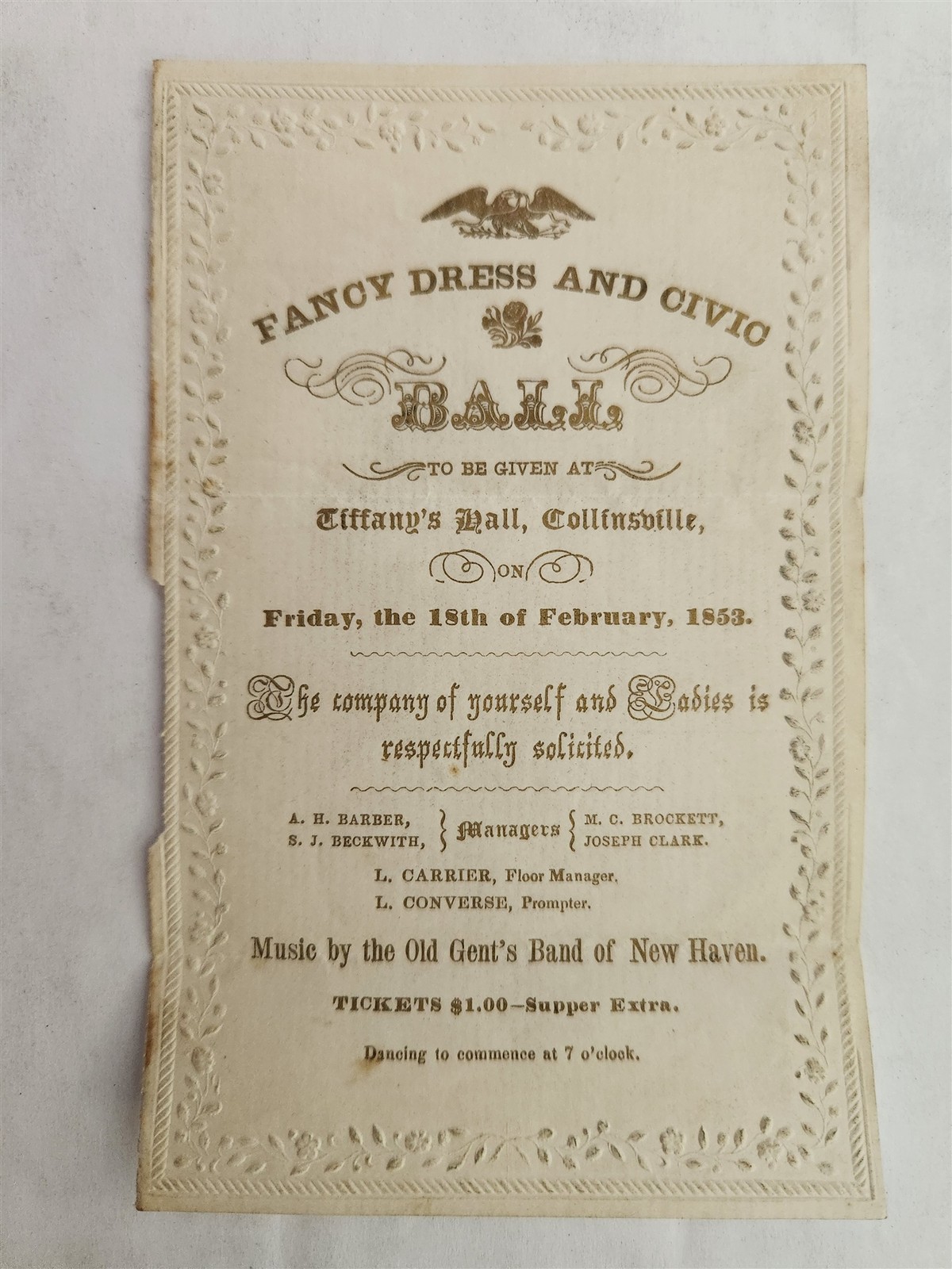 1853 antique FANCY DRESS & CIVIC BALL collinsville ct INVITATION TIFFANY'S HALL 